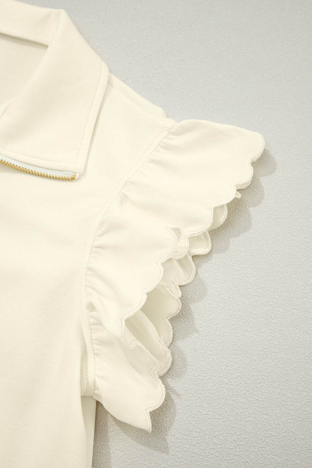 Solid Zip-Up Collared Ruffle Short Sleeve Blouse