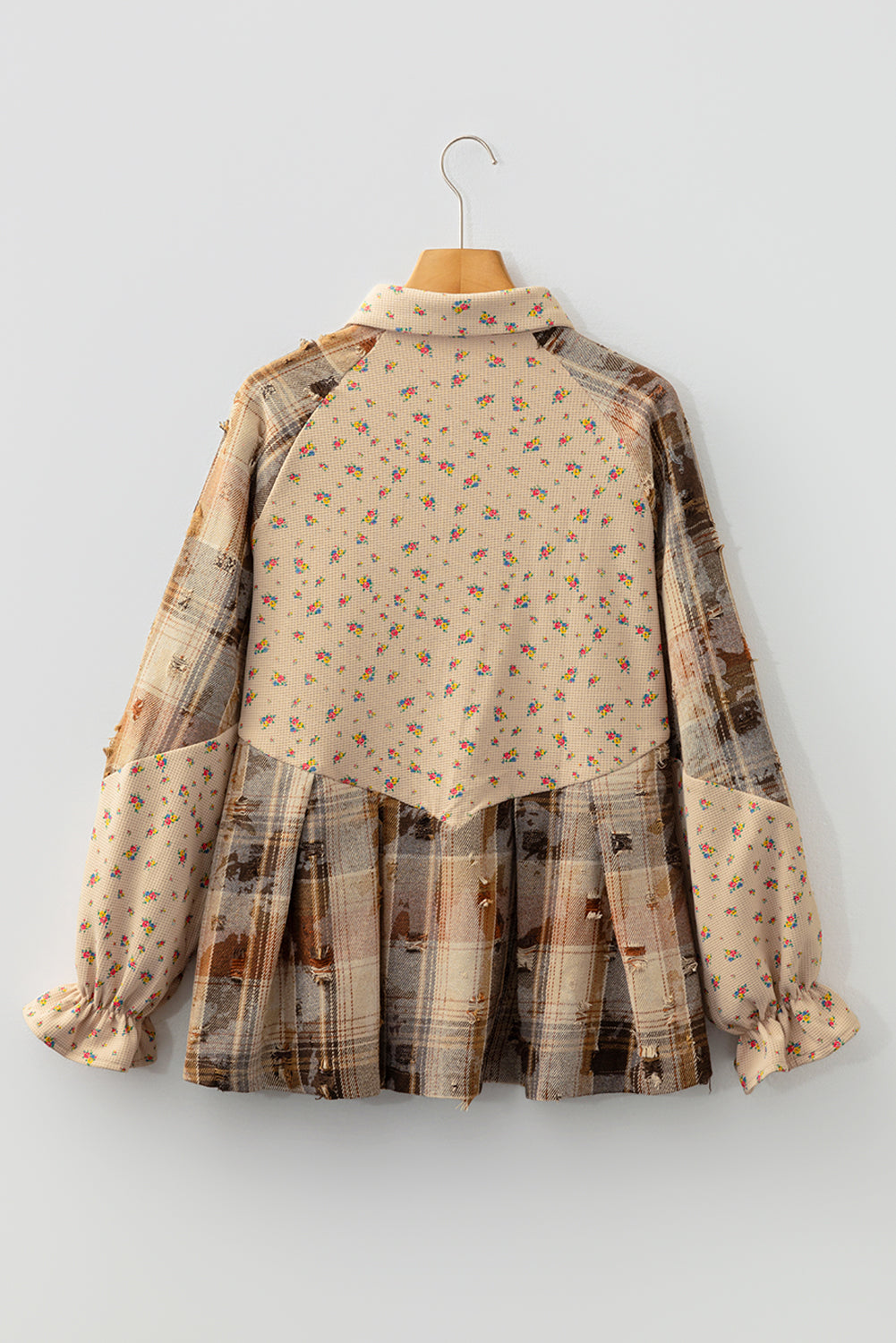 Floral Waffle Knit Plaid Patchwork Ruffle Shacket