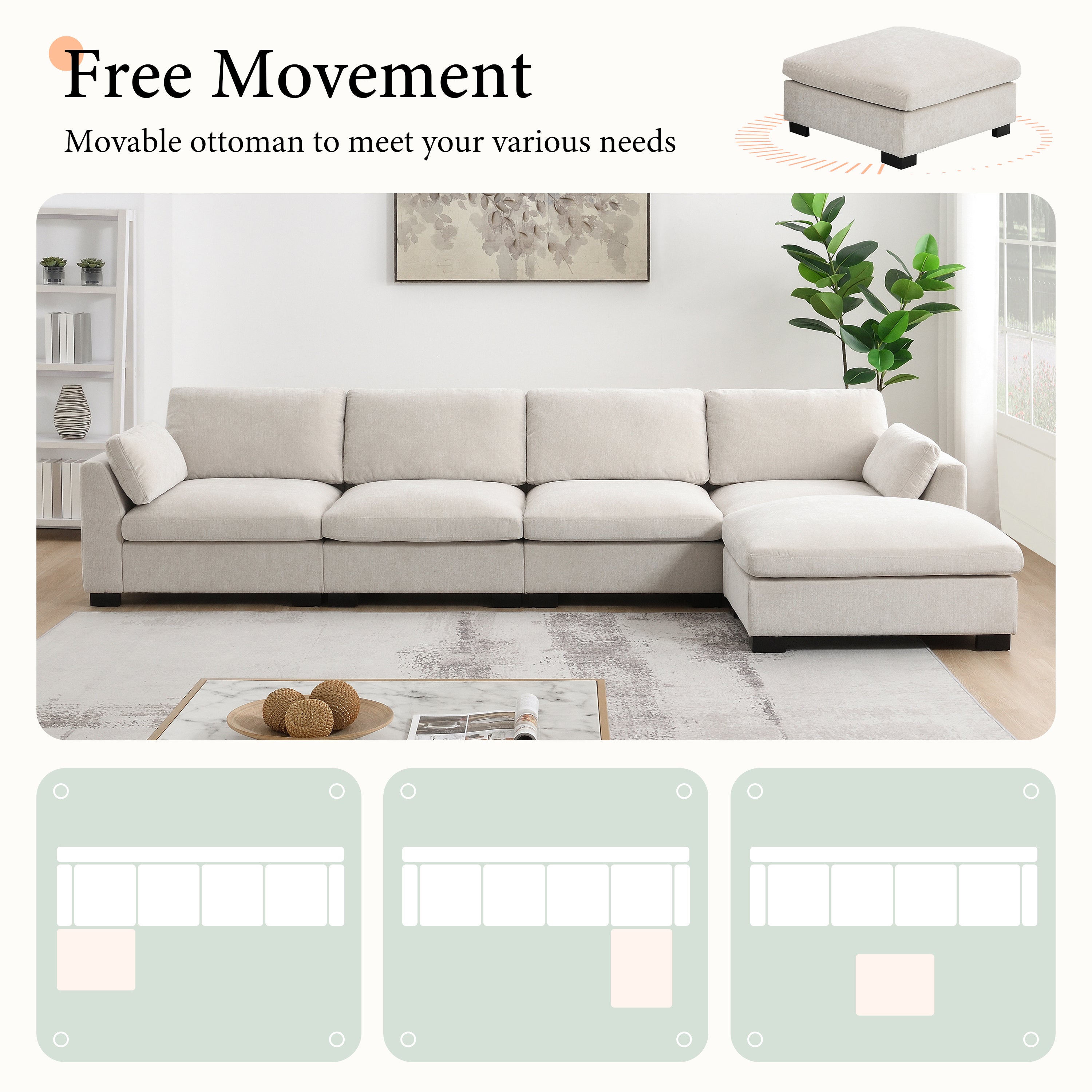 [VIDEO]130' Modular Sectional Sofa, L-Shape with Folding Table and Dual-Port Charging, Side Storage Pockets, 2 Armrest Pillows, Free Movement Ottoman, High Density Foam, Chenille, 5 Seat, 2 Colors