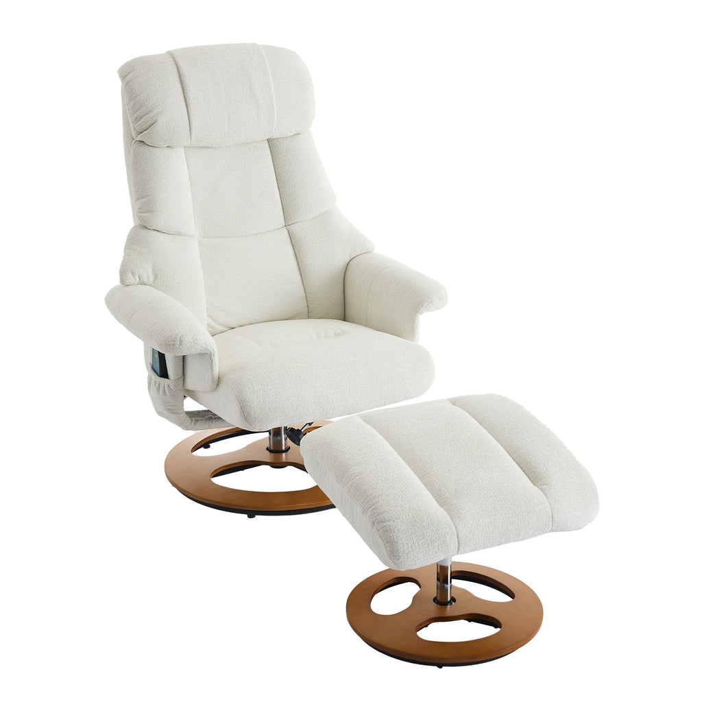 010-Ergonomic Recliner Chair with Ottoman, Modern 360° Swivel Lounge Chair with Footstool, Chenille Fabric, 5 Point Vibration Massage, Seat Heating & 140° Adjustable Backrest for Home or Office, White