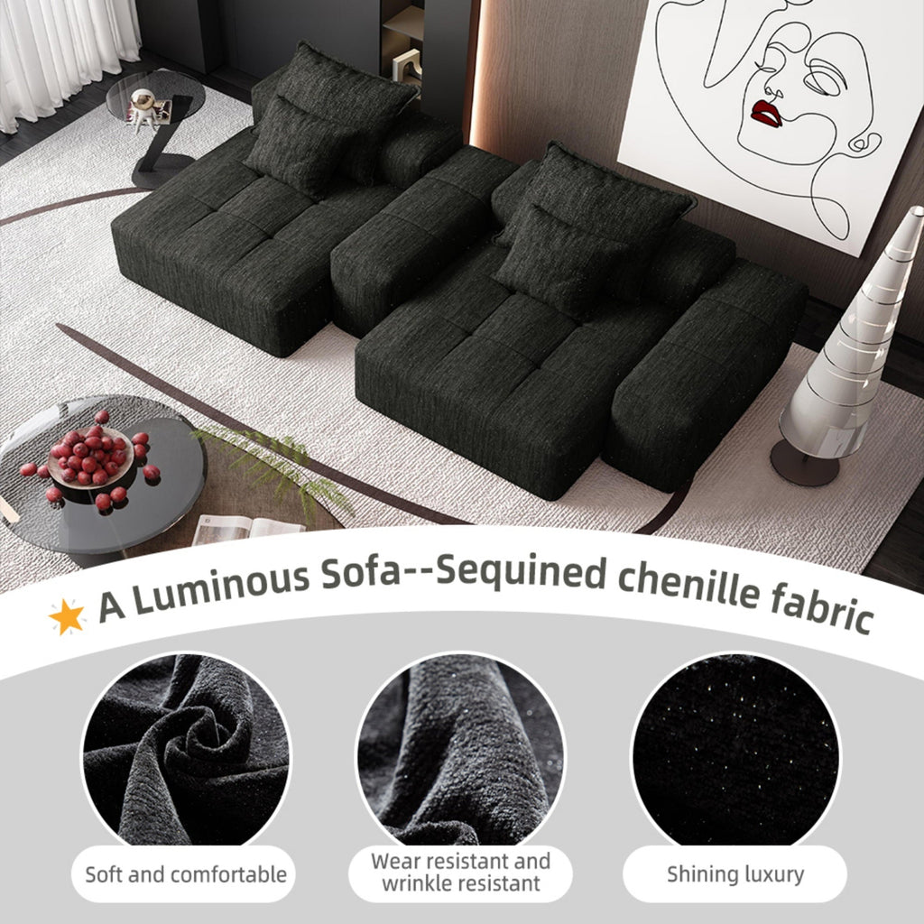Modern Oversized Modular Sectional Sofa with 2 Chaise Lounge and 2 Armrest, Sparkling Chenille Fabric Soft Cushion Sofa with 4 Pillows, 4 PCS DIY Combination Tufted Sofa, No Assembly Required, BLACK