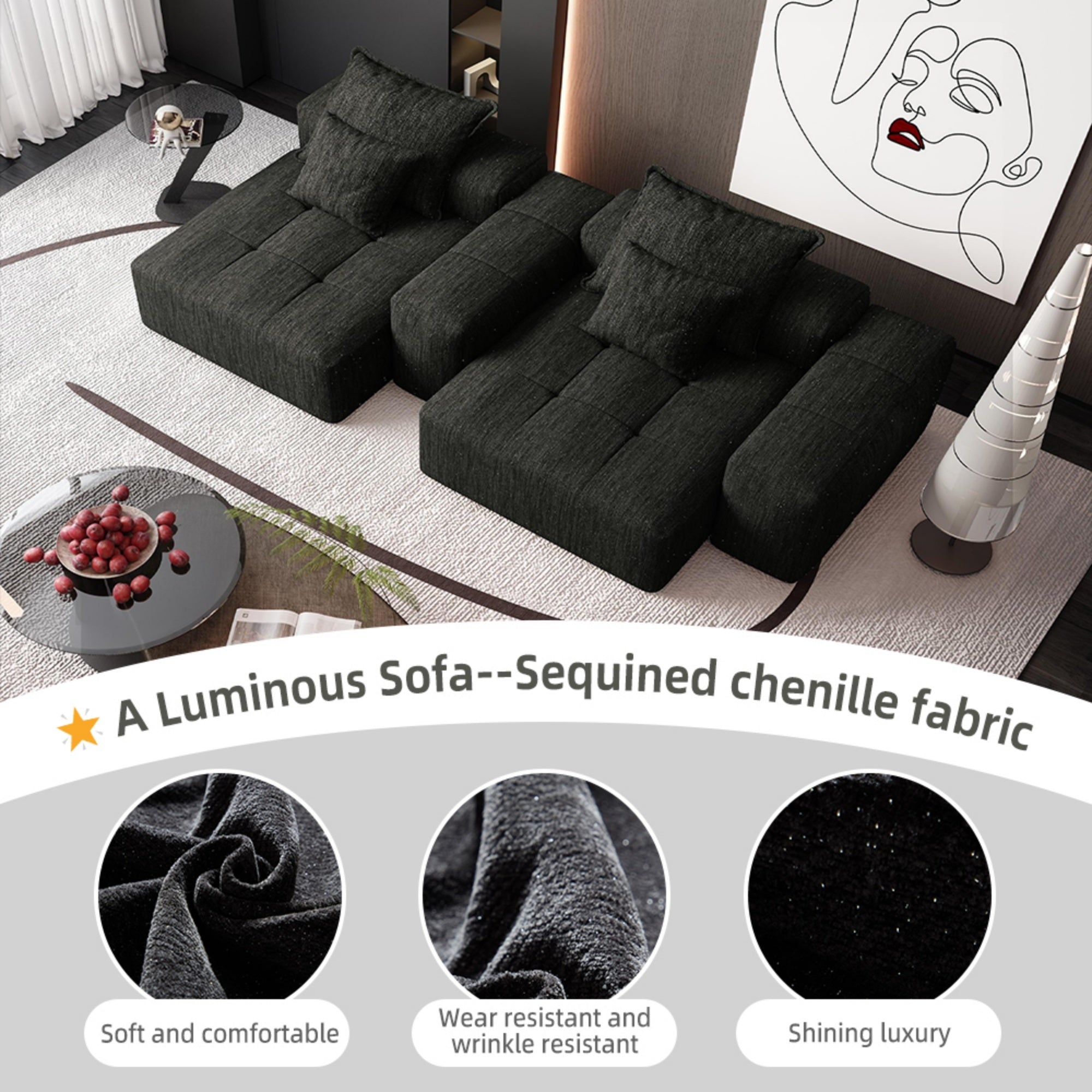 Modern Oversized Modular Sectional Sofa with 2 Chaise Lounge and 2 Armrest, Sparkling Chenille Fabric Soft Cushion Sofa with 4 Pillows, 4 PCS DIY Combination Tufted Sofa, No Assembly Required, BLACK