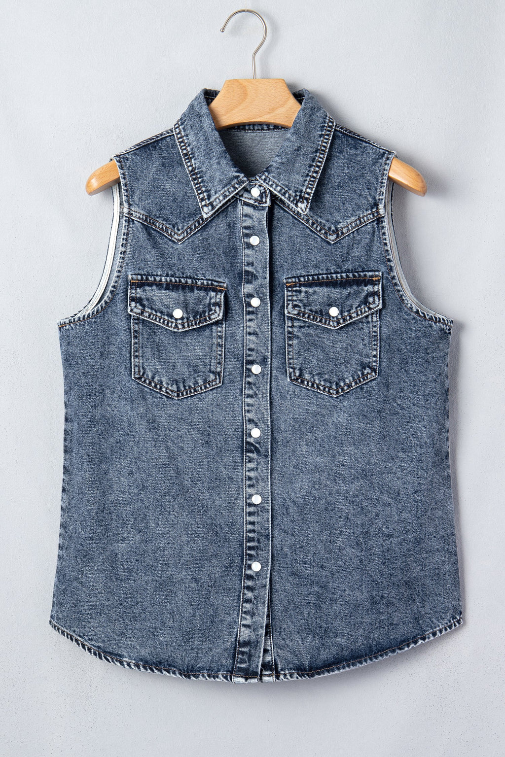Western Solid Denim Buttoned Pocket Sleeveless Vest