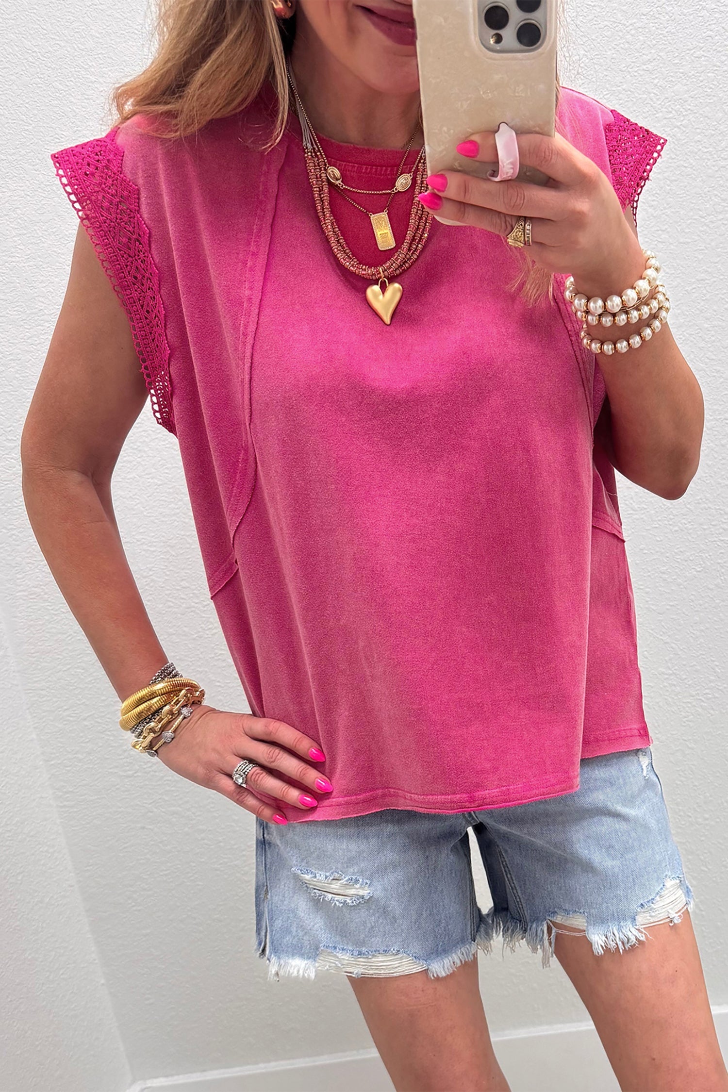 Mineral Wash Raw Seam Lace Cap Sleeve Top