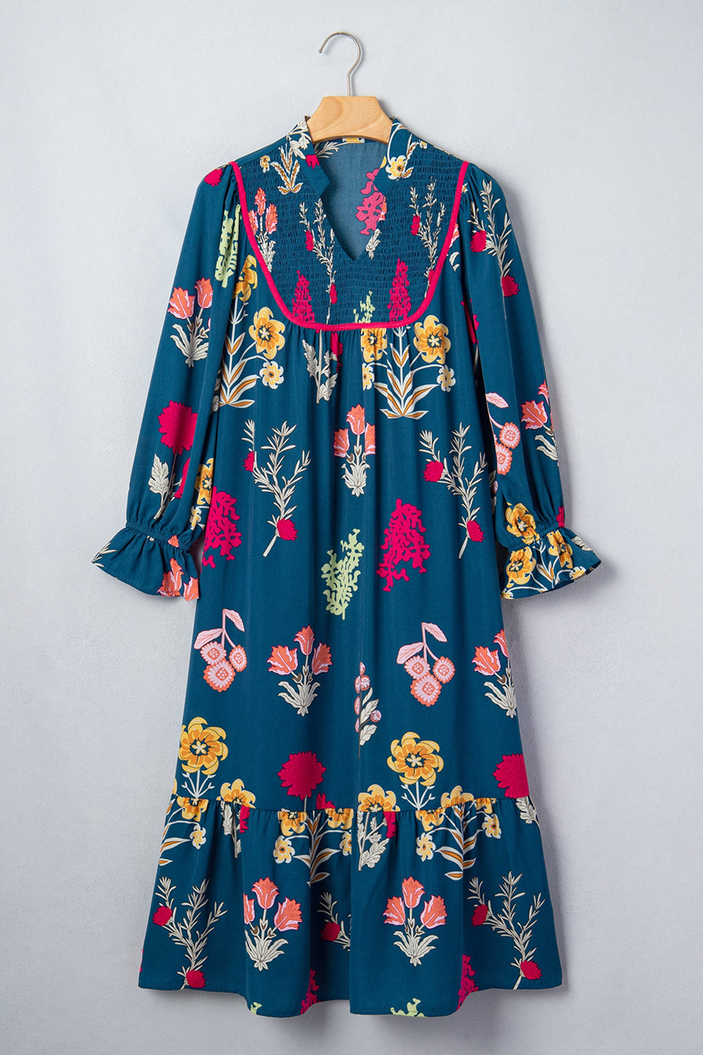 Floral Smocked 3/4 Puff Sleeve Midi Dress