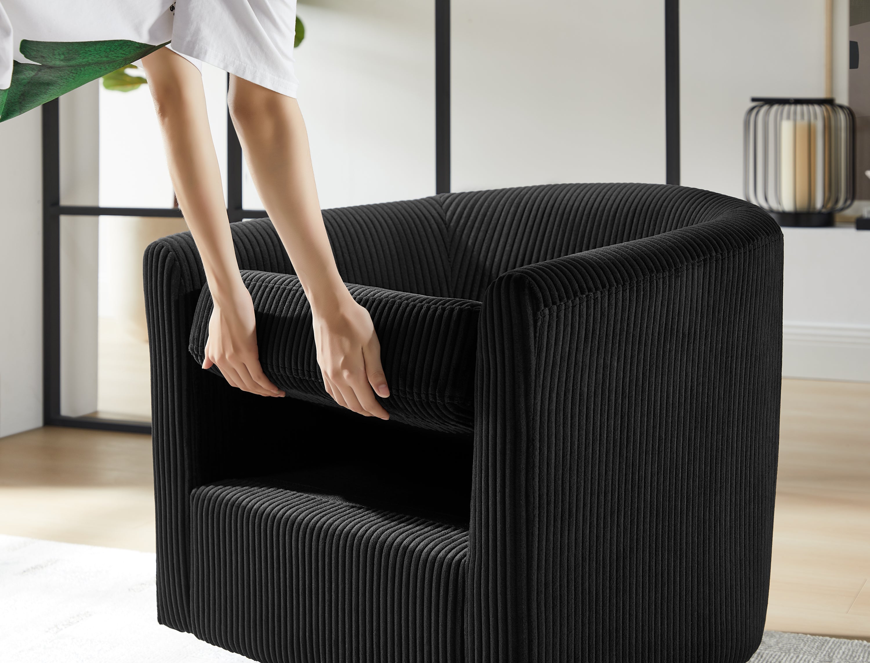 Swivel Accent Chair 360° Comfy Recliner Corduroy Arm Chair Single Sofa with Ottoman for Living Room Bedroom,Black