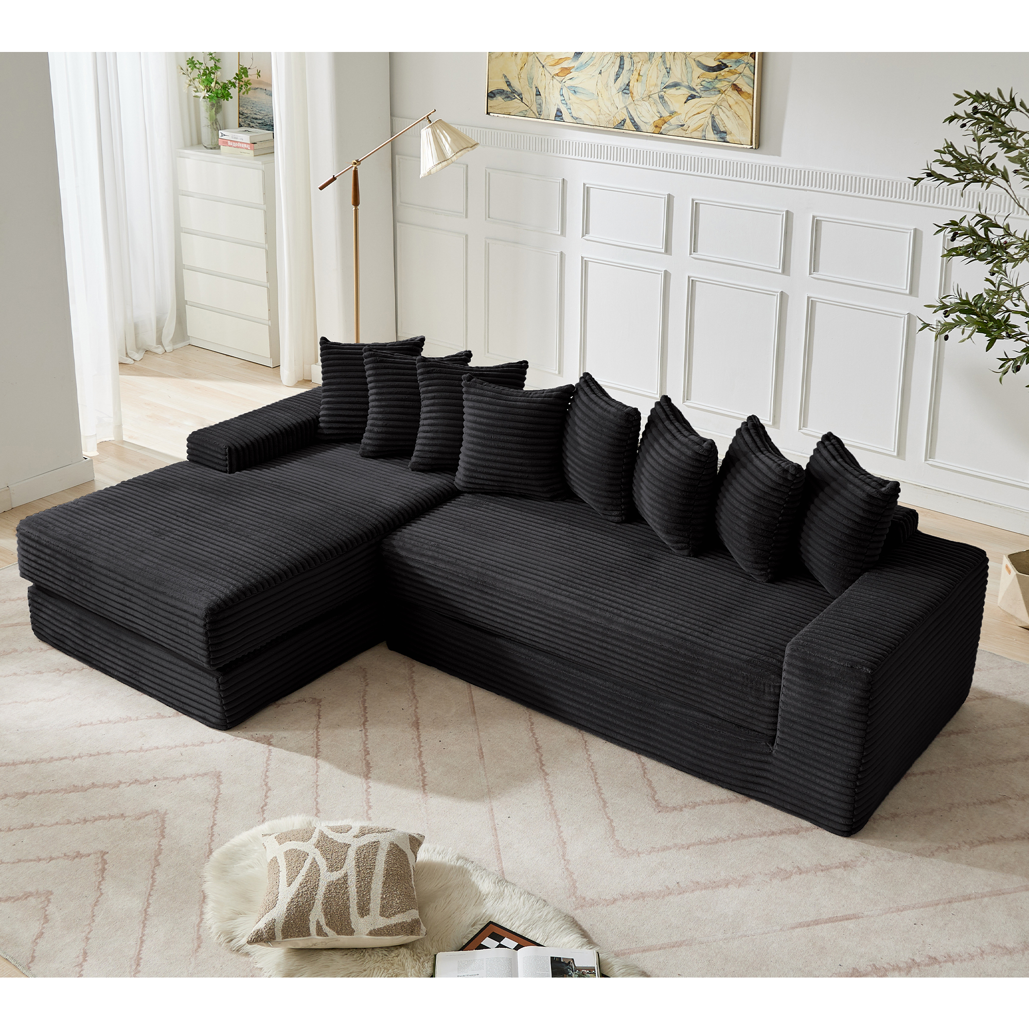 [NEW ARRIVED] [VIDEO PROVIDED] Oversize Cloud Sectional Couch, L-Shape Sofa, Convertible Floor Sleeper Sofa Bed, No Assembly ,Eight pillows,3-in-1,Side Pocket,(Left Facing Sofa),3 Seat,Corduroy,Black