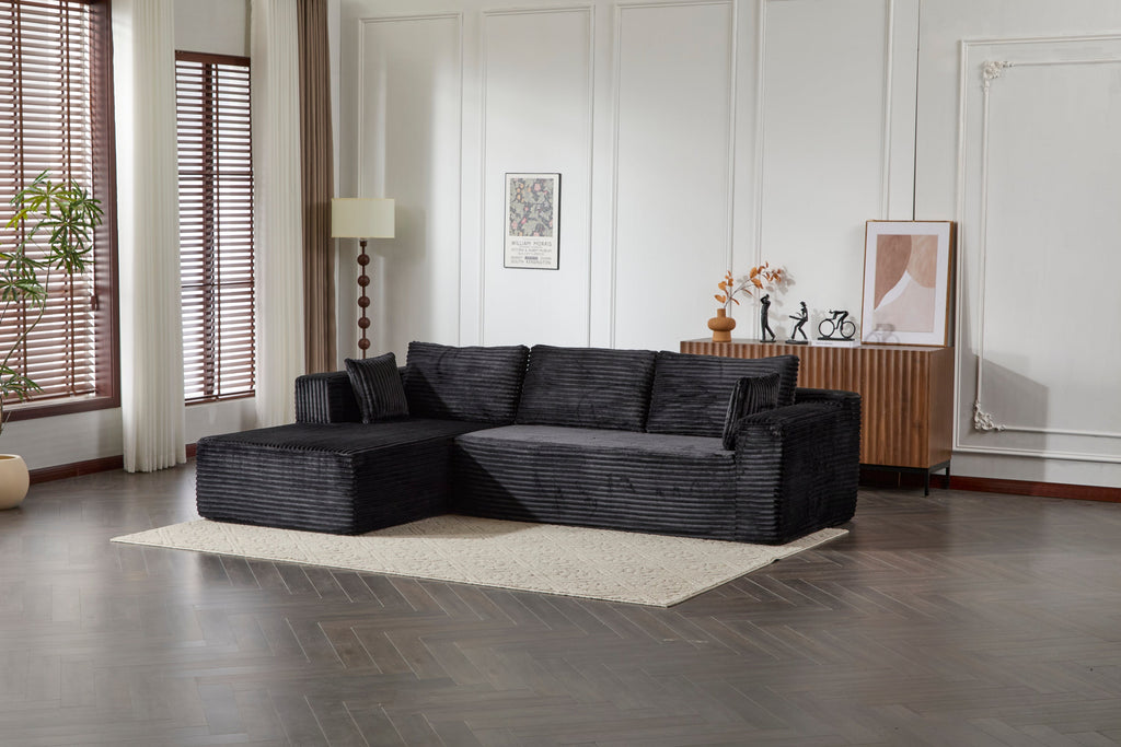 Compression Sectional Couch with Comfy Chaise, Boneless L Shape Sofa with Deep Seat, Minimalist Modular Couches Sleeper for Living Room Bedroom Apartment Lounge,corduroy,Black