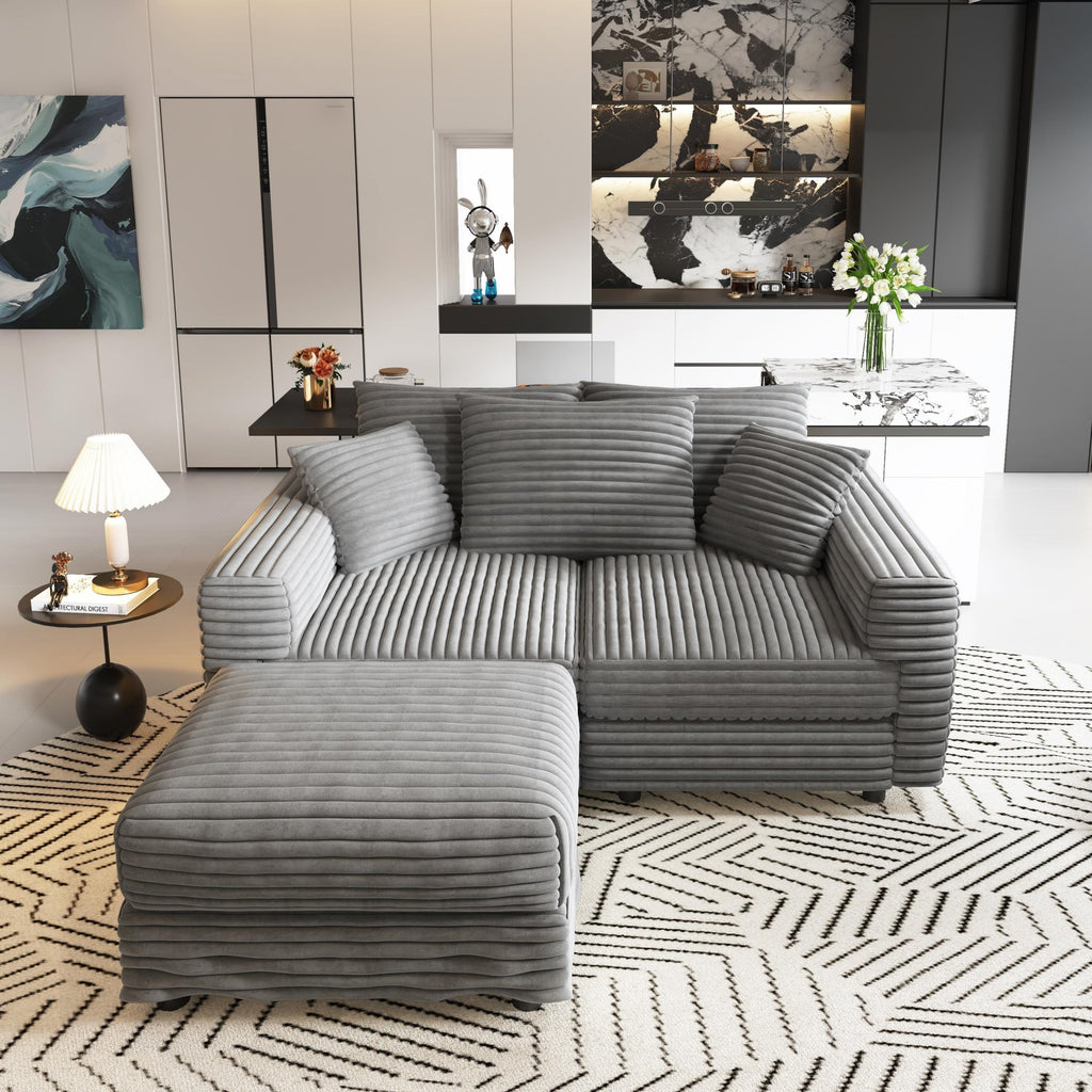 82.7 ' Plush Corduroy 3-Seat Sofa, Modern Comfy Upholstered Sofa Cloud Couch, Deep Seat Couches with Soft Pillows and 1 Ottomans, Convertible Sofa Lounge Chair, for Living Room,Apartment,Office,Grey