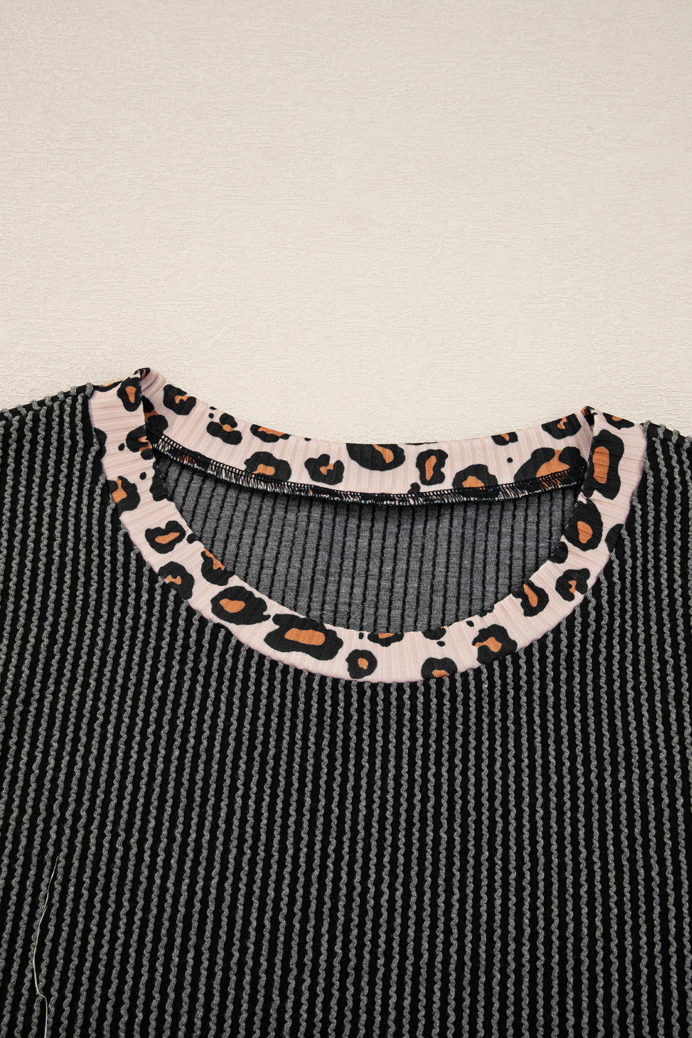 Leopard Contrast Trim Corded Knit Top & Pant Set