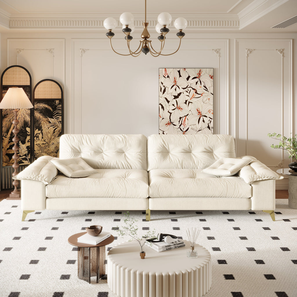 104.7 ' Modern 4-Seat Cloud Sofa with Wide Removable Armrests, Tufted Sofa with Metal Legs,Comfy Chenille Upholstered Couch with 2 Pillows for Living Room,Bedroom,Apartment, Office,Studio,Beige
