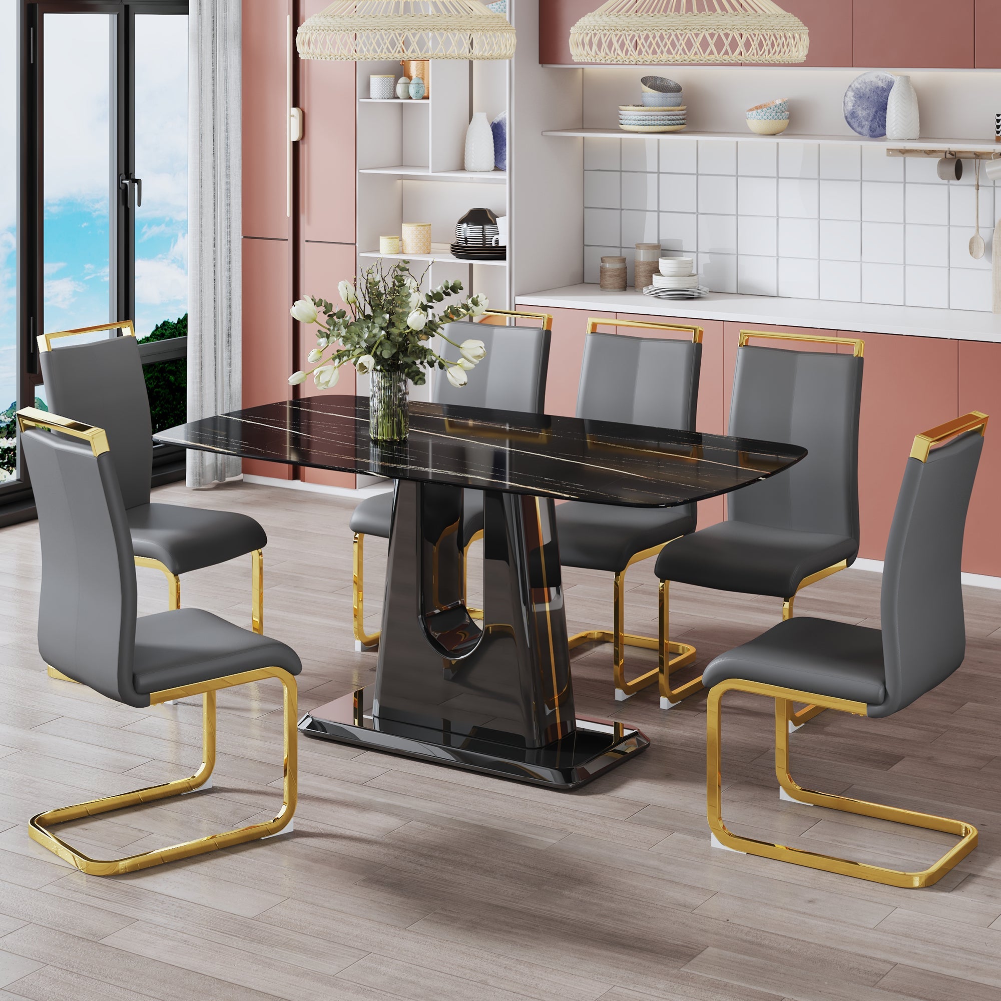 A modern, minimalist, and luxurious table. A black imitation marble tabletop with MDF U-shaped legs. Dining table, computer table. For restaurants and living rooms 63' * 35.4'* 30' F-U
