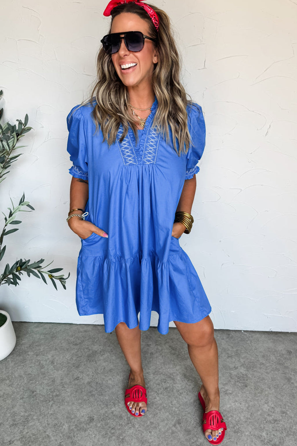 Embroidered Smocked V-Neck Puff Sleeve Mini Dress
