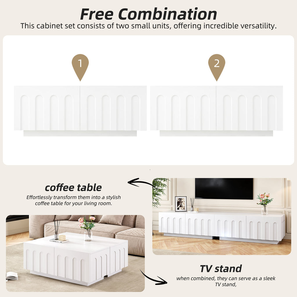 ON-TREND Elegant TV Stand with Arched Design for TVs Up to 80', Modern Dual Purpose Coffee Table with 4 Drawers, Multi-Functional Organizer Cabinet with Storage for Living Room, Bedroom, White