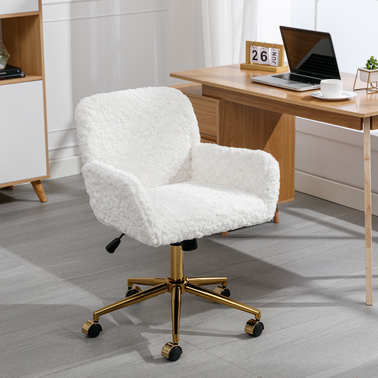 A&A Furniture Artificial Rabbit Hair Office Chair with Golden Metal Base, Adjustable Swivel Vanity Chair, Beige Velvet