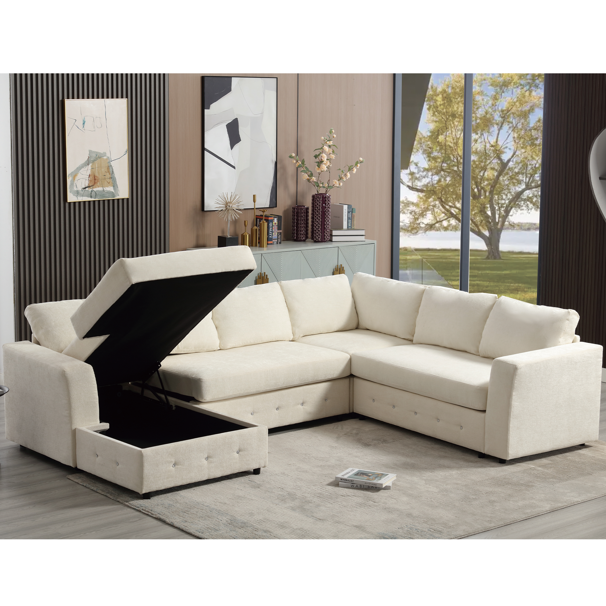 [NEW ARRIVED] [VIDEO PROVIDED]110.75' Sectional Sofa,Oversized modular sofa,Chaise Storage, Modern U Shaped  Couch , Upholstered Sofas,Chenille,Crystal button , Living Room, Apartment,  Beige