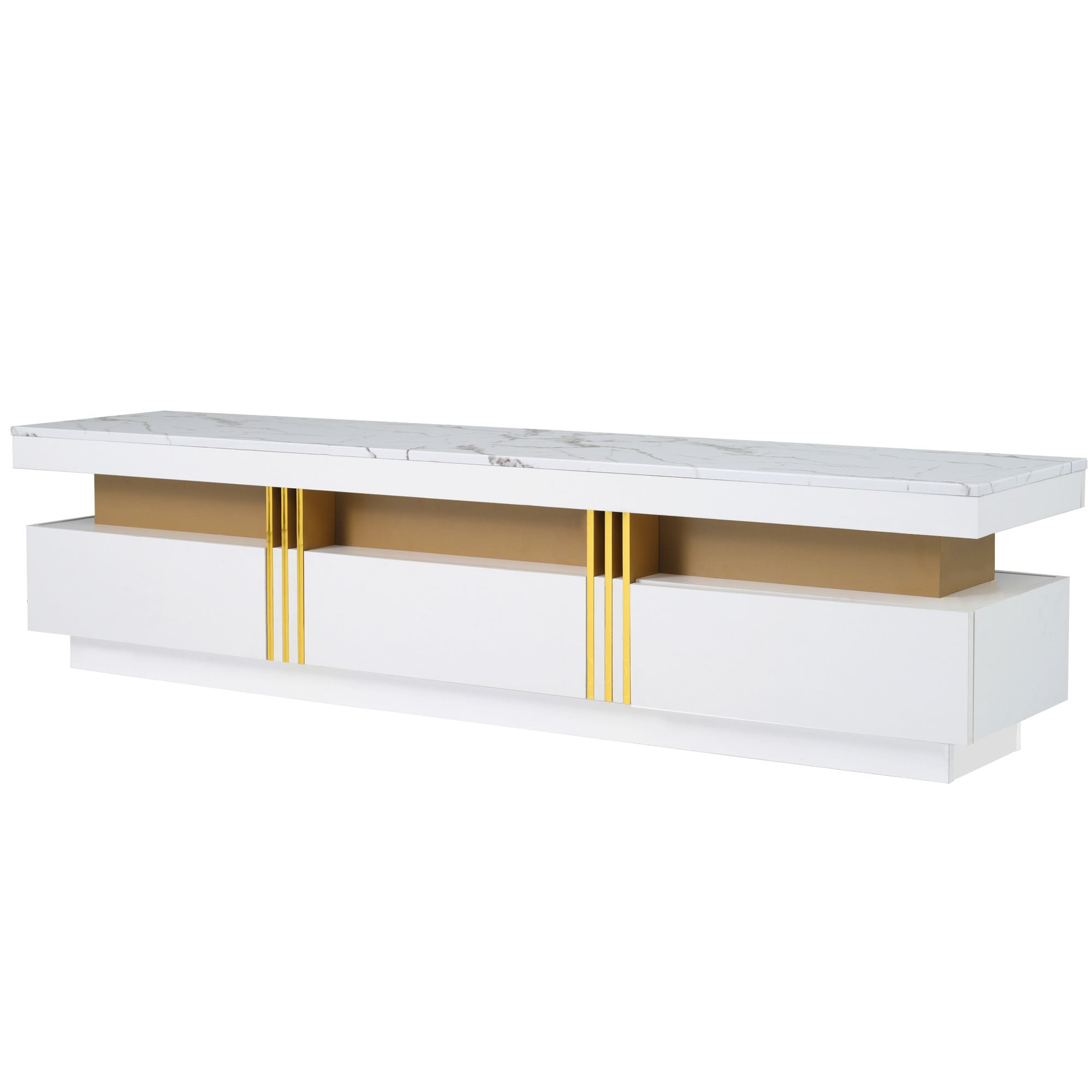 ON-TREND Luxury TV Stand with High Gloss Faux Marble Top for TVs Up to 78'', Rectangle Media Console with Golden Panel Design, Practical Entertainment Center with 3 Drawers for Living Room, White