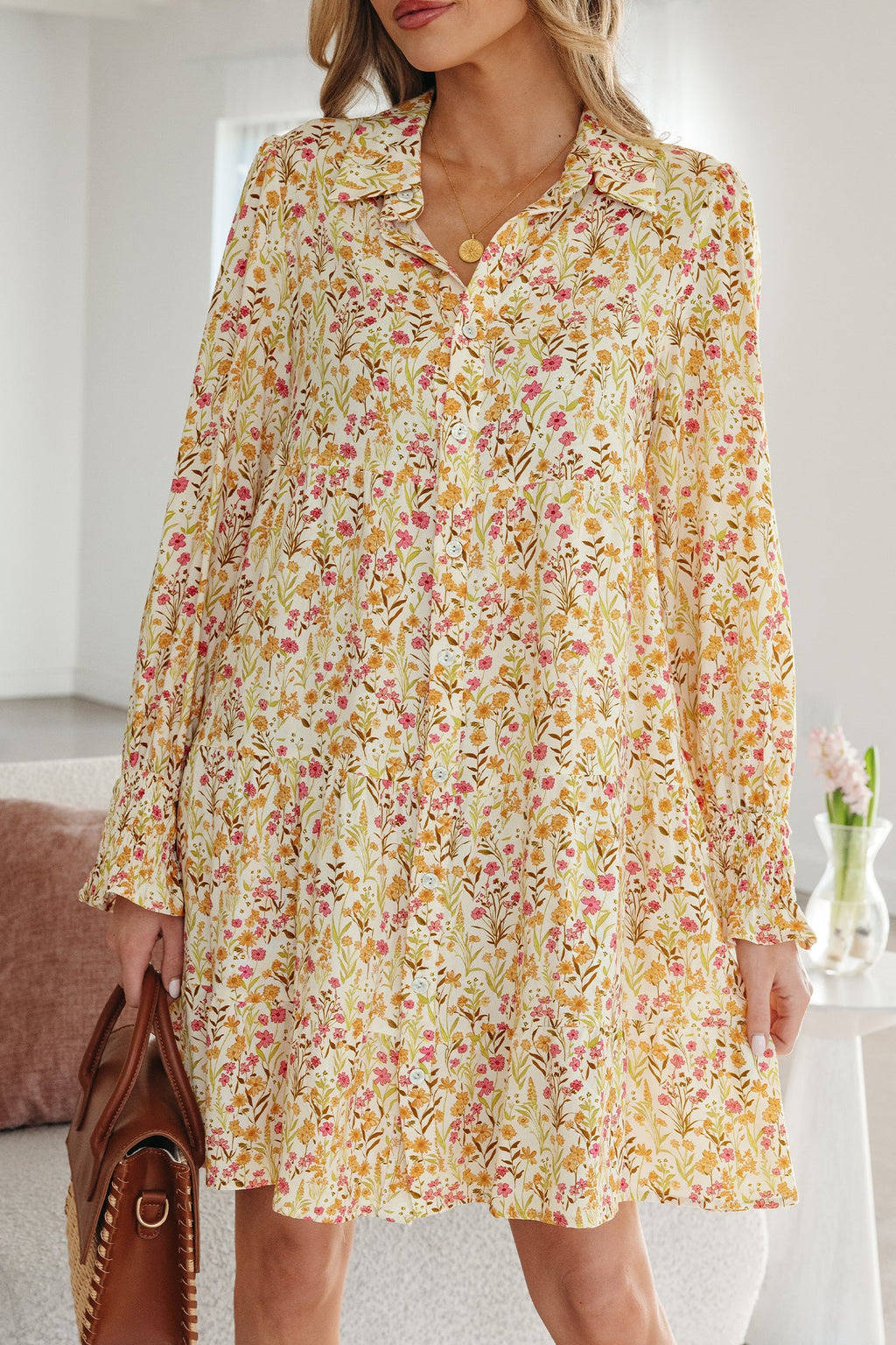 Floral Frilled Trim Smocked Cuff Dress