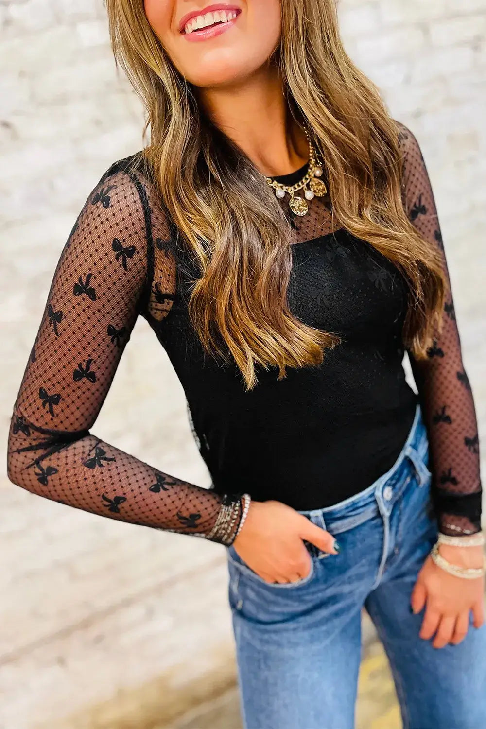 Bow Round Neck Sheer Lace Top With Stretch Fabric Imported