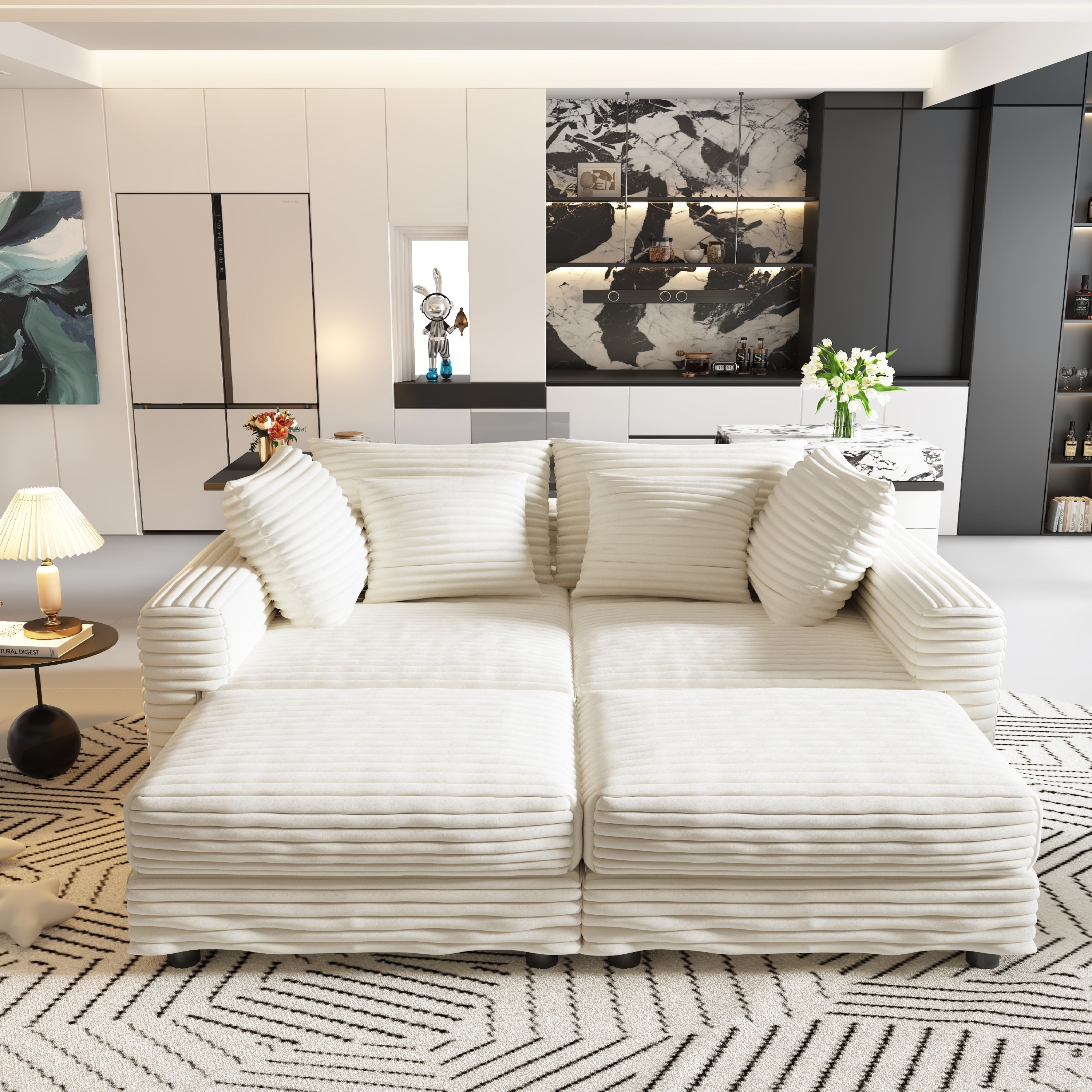 104.3 ' Plush Corduroy 4-Seat Sofa, Modern Comfy Upholstered Sofa Cloud Couch, Deep Seat Couches with Soft Pillows and 2 Ottomans, Convertible Sofa Lounge Chair, for Living Room,Apartment,Office,Beige