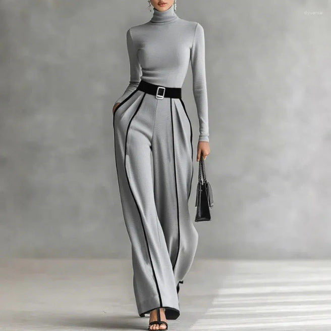Women's Creative Elegant Stand Collar Contrast Color Binding Long-sleeved Knitted Wide-leg Pants Suit (see size chart under more details)