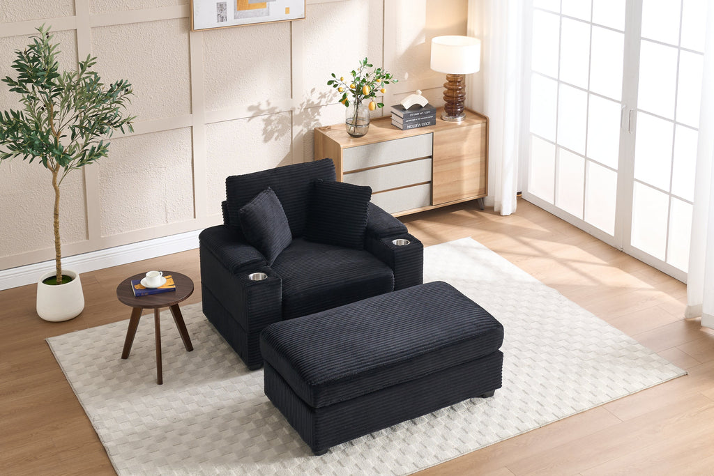 [VIDEO/New]Corduroy Upholstered Chaise Lounge Sofa with Handrail storage,Movable ottoman,Cupholders,Detachable Cushions Deep Seat for Living Room Office,5 colour,Wide stripe corduroy