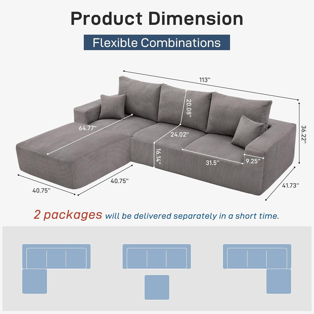 Modern U-shaped 6-seat Upholstered Sleeper Sofa with Console, Cupholders, USB Ports, Gray Corduroy