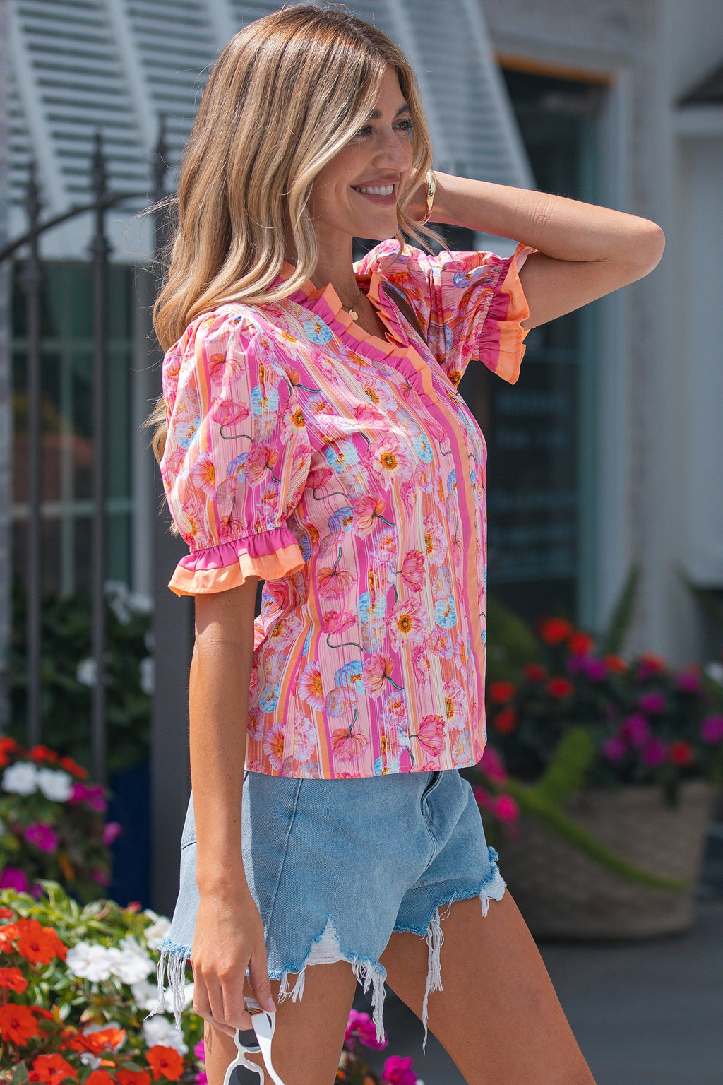 Floral Poppy Stripe Colorblock V-Neck Short Sleeve Blouse