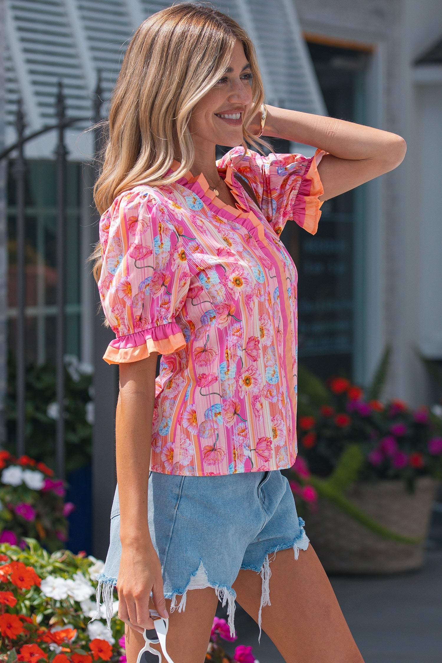 Floral Poppy Stripe Colorblock V-Neck Short Sleeve Blouse