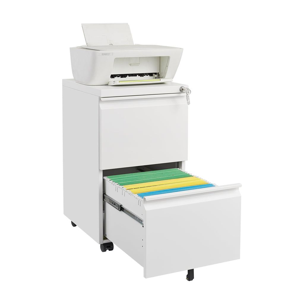 Metal 2 Drawer Mobile File Cabinet with Lock, Under Desk Office Steel Filing Cabinet, White, 25.6''H Legal/Letter Size Files Storage