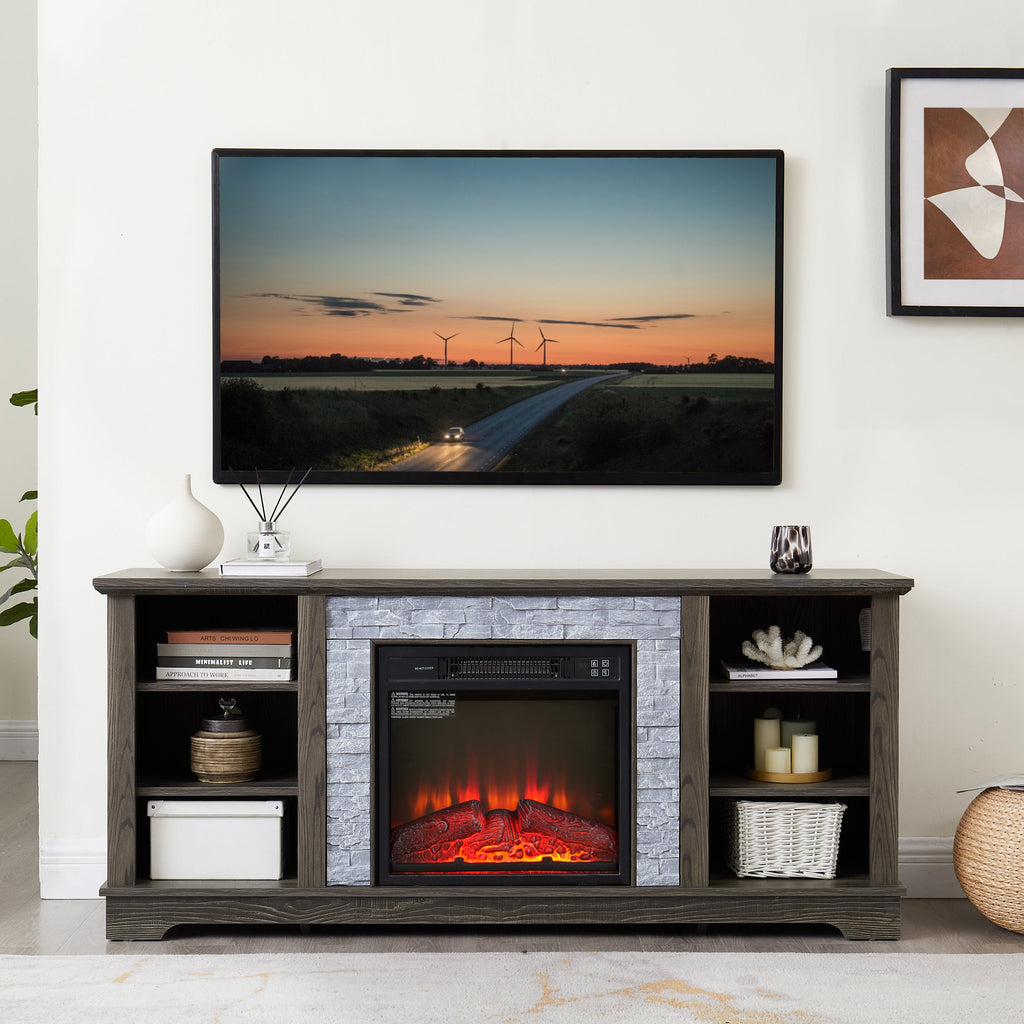 Mantel Electric Fireplace Stone TV Media Stand with Faux Stacked Stone Surround, Modern Entertainment Console with Open Storage Space with 18' Fireplace Insert ,Grey, 58.31'W*15.39'D*26.06'H