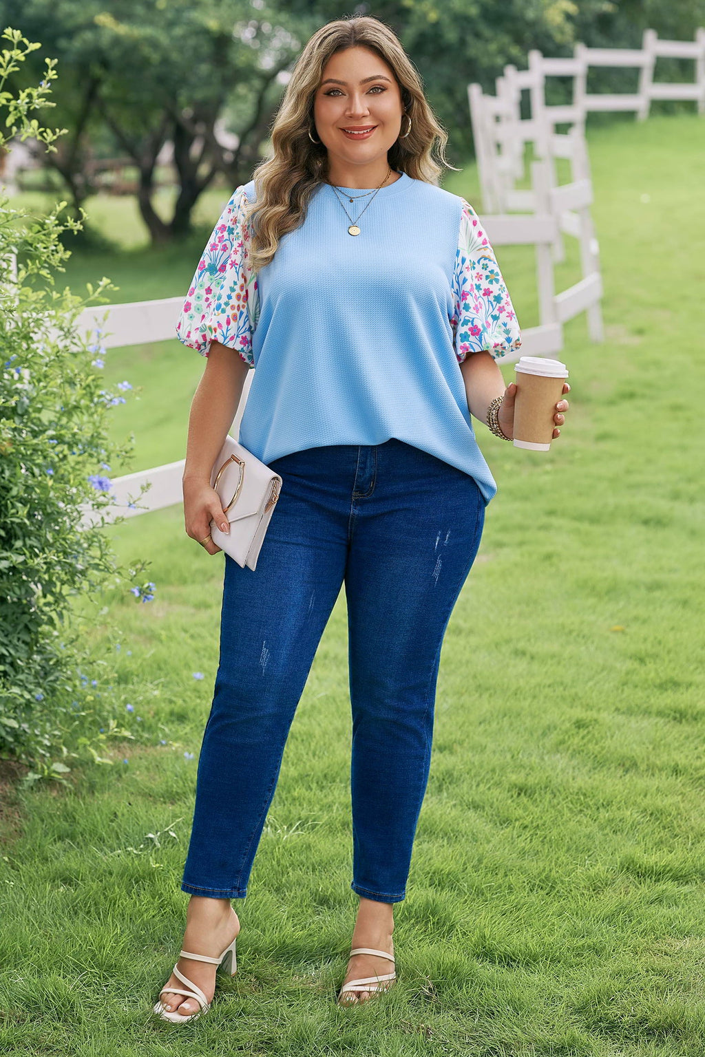 Plus Size Floral Patchwork Puff Sleeve Textured Top