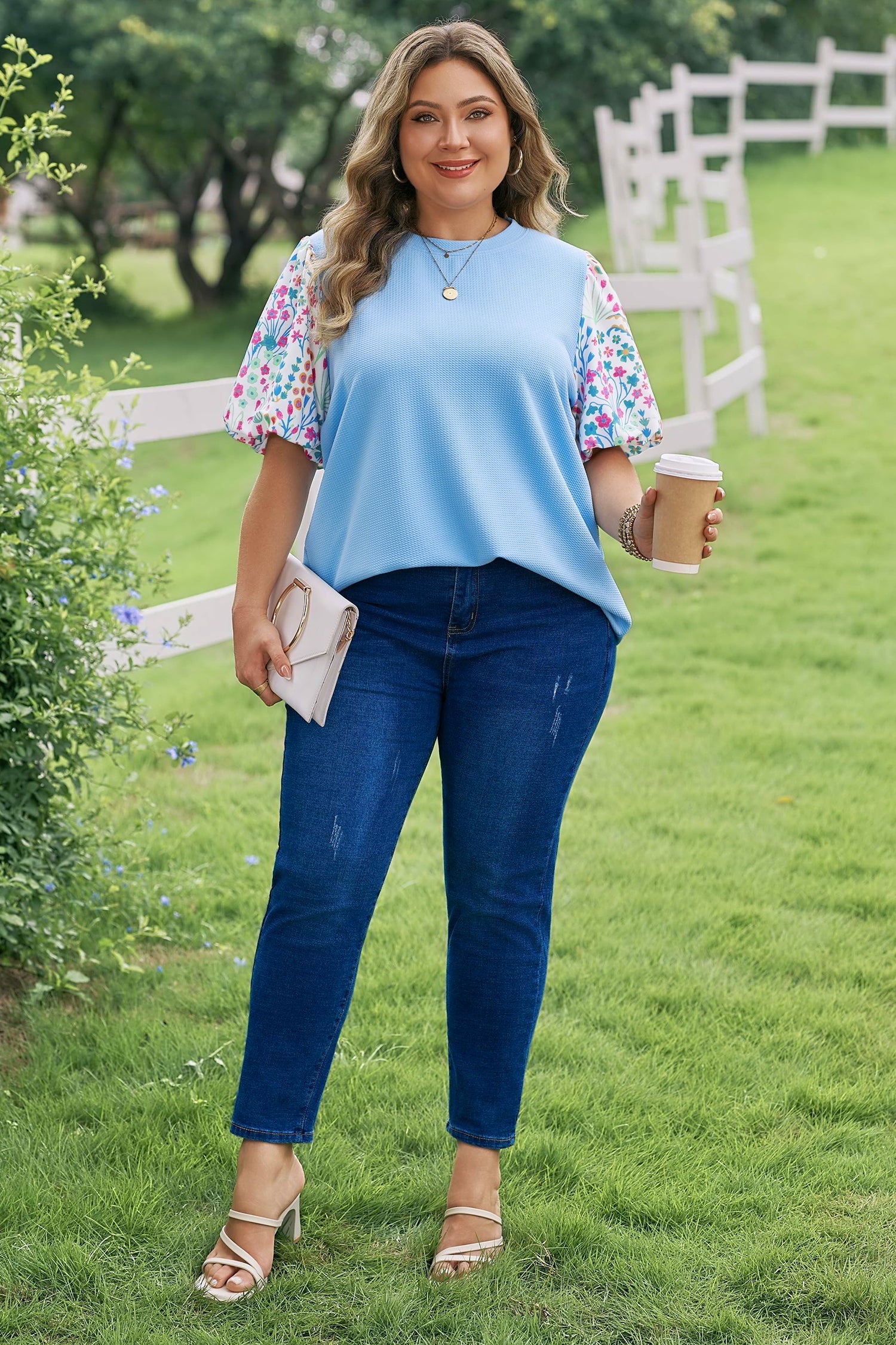 Plus Size Floral Patchwork Puff Sleeve Textured Top
