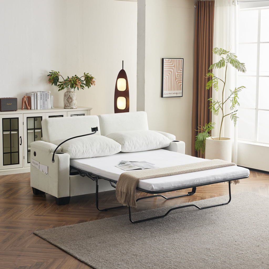 Pull-out sofa bed, chenille material, pull-out queen sofa bed, with USB charging, mobile phone holder, memory sofa, removable and washable cushions, suitable for living room, bedroom, apartment, white