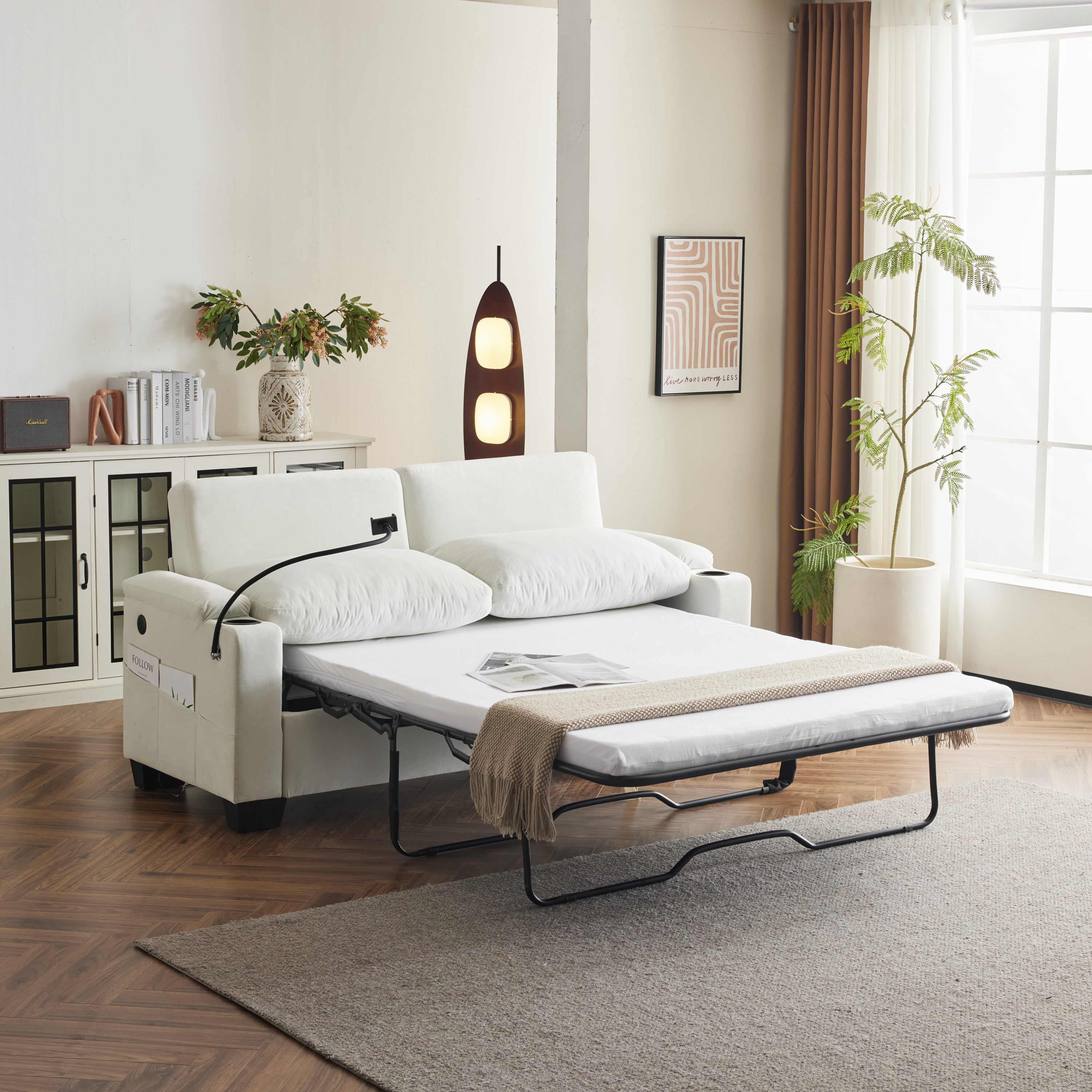 Pull-out sofa bed, chenille material, pull-out queen sofa bed, with USB charging, mobile phone holder, memory sofa, removable and washable cushions, suitable for living room, bedroom, apartment, white