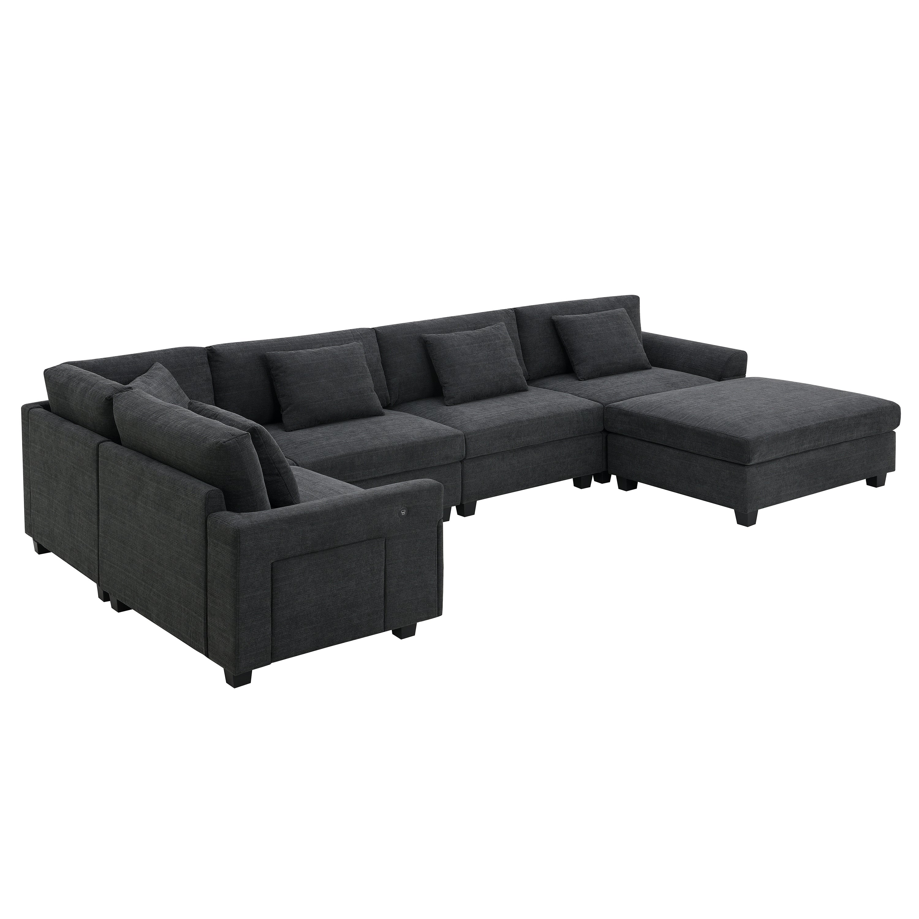 Chenille U Shaped Sectional Sofa with Ottoman and Storage, USB Ports, 2 Colors
