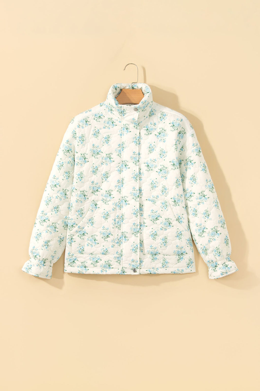 Floral Quilted Ruffle Sleeve Puffer Coat w/ Pockets