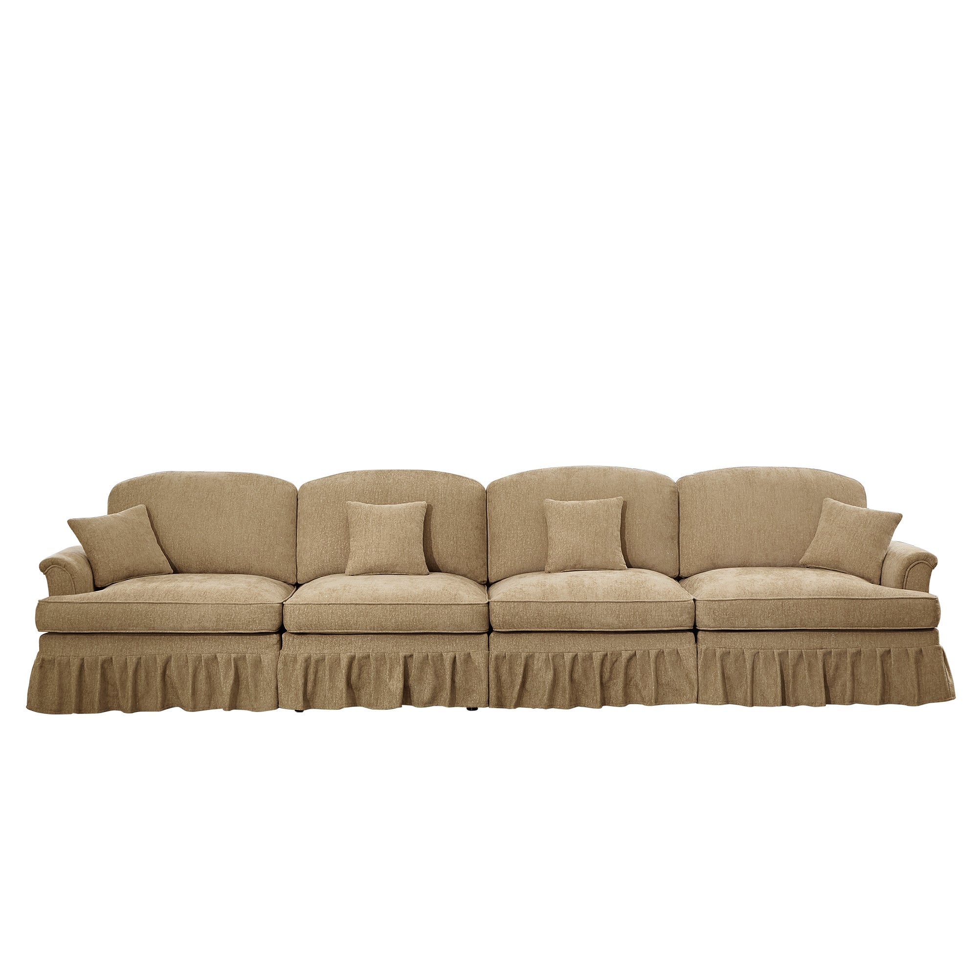 Elegant Mid Century Large 4 Seater Sofa Couch with Flared Arms and Removable Ruffles Pleats Skirts and Spindle Legs, Comfy Chenille Four-Seat Sofa for Living Room, Light Coffee
