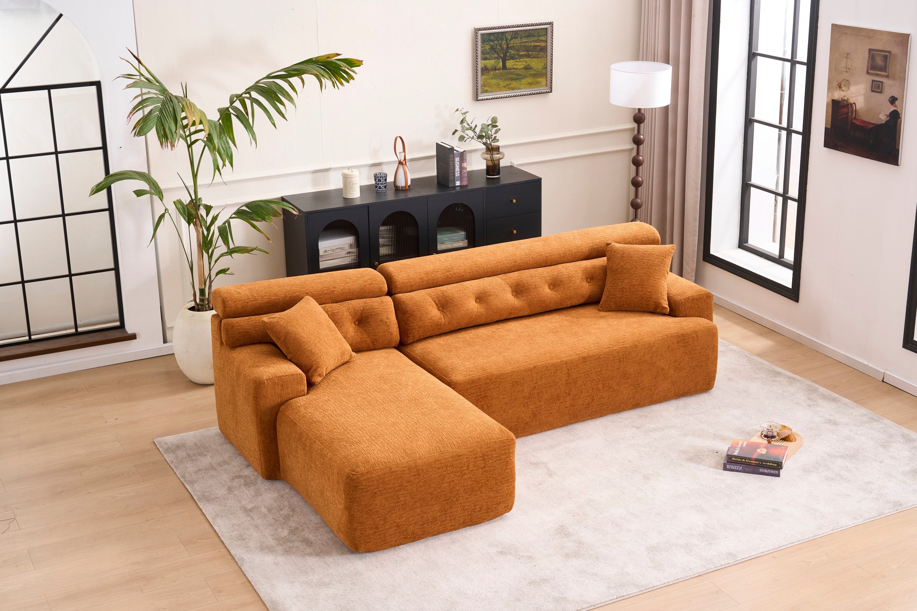 LY-029B Convertible Chaise Sectional Sofa, Full Compression Sponge Modular Couch for Apartment Living Room,Orange 3-Seater with Wood Grain Chenille, 2 Pillows Included, 86'L