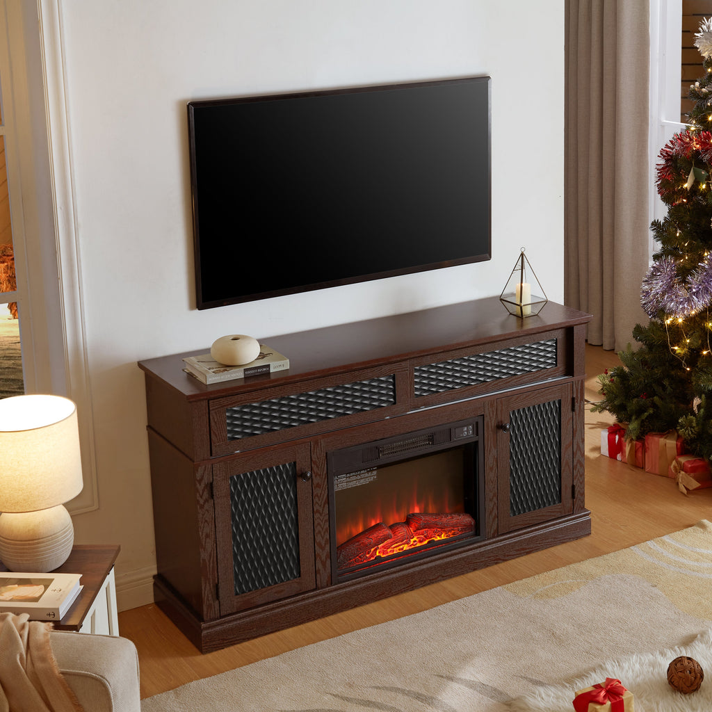 Embossed Pattern TV Stand with 23' fireplace insert,, TV and Media Console with Open and Closed Storage Space and sliding door for Living Room & Bedroom, Dark Cherry, 58.27'W*15.35'W*31.7H