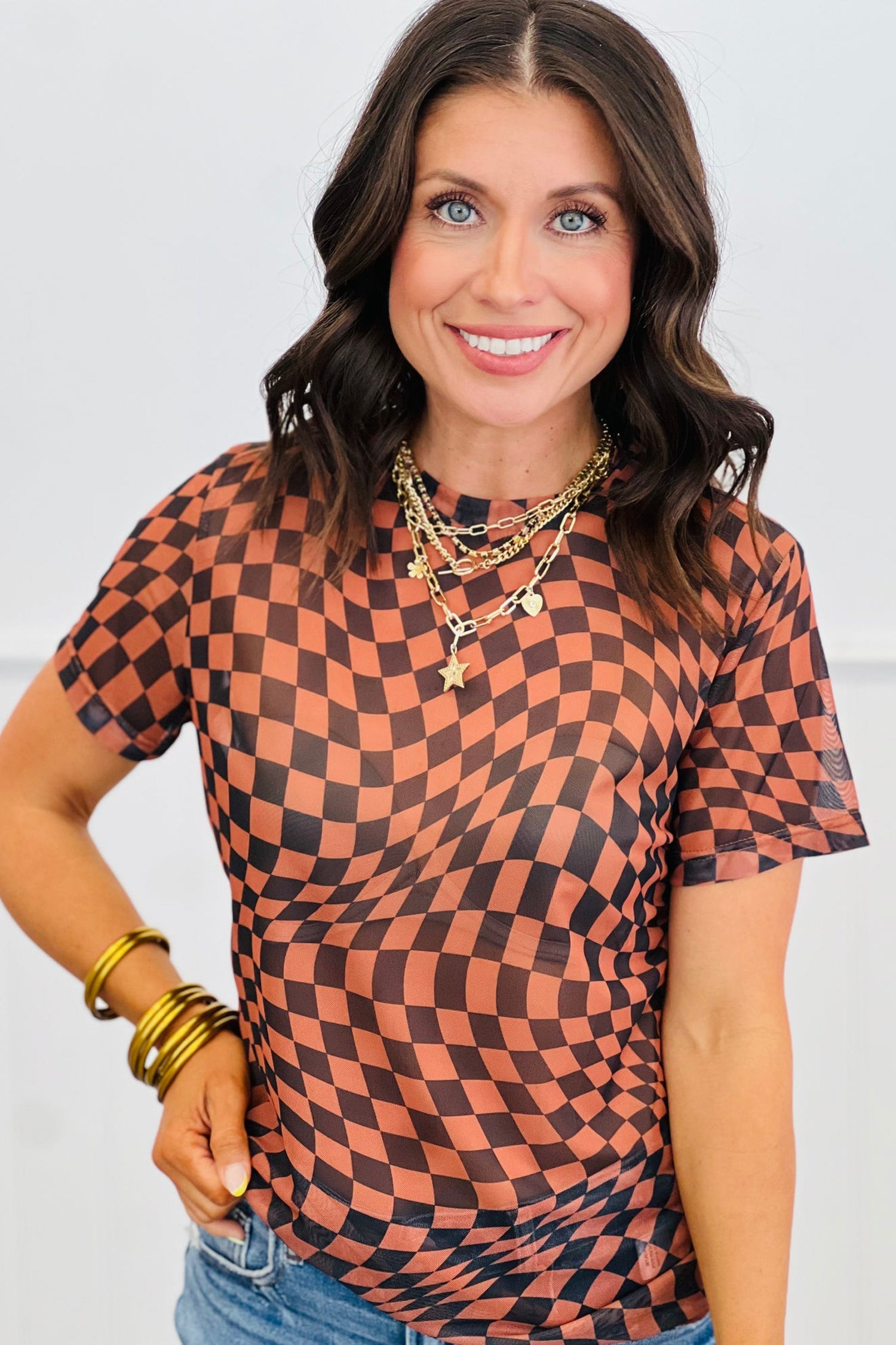 Checker Mesh Mock Neck Short Sleeve T-Shirt
