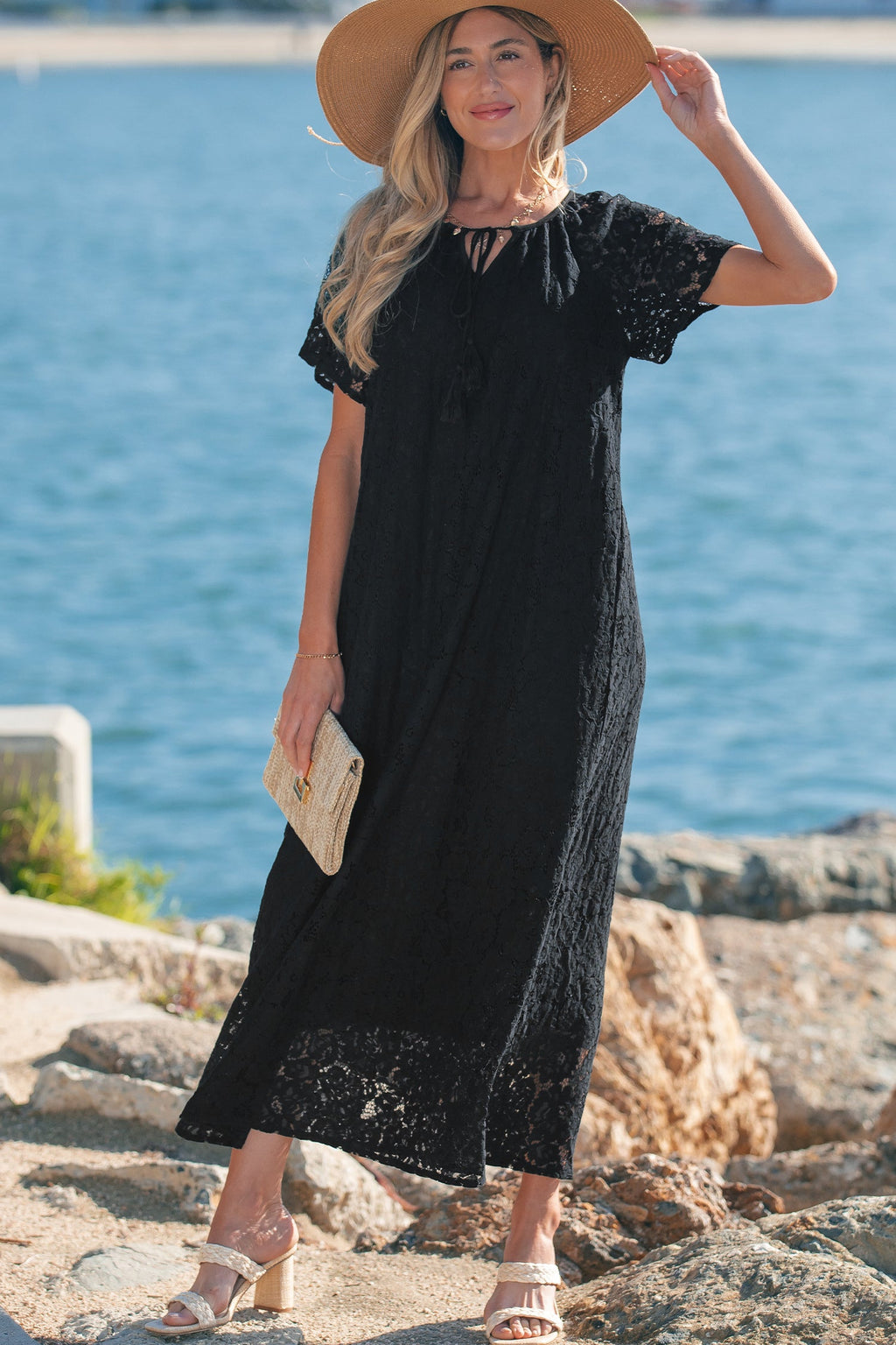 Lace Overlay Tassel Tie Short Sleeve Maxi Dress