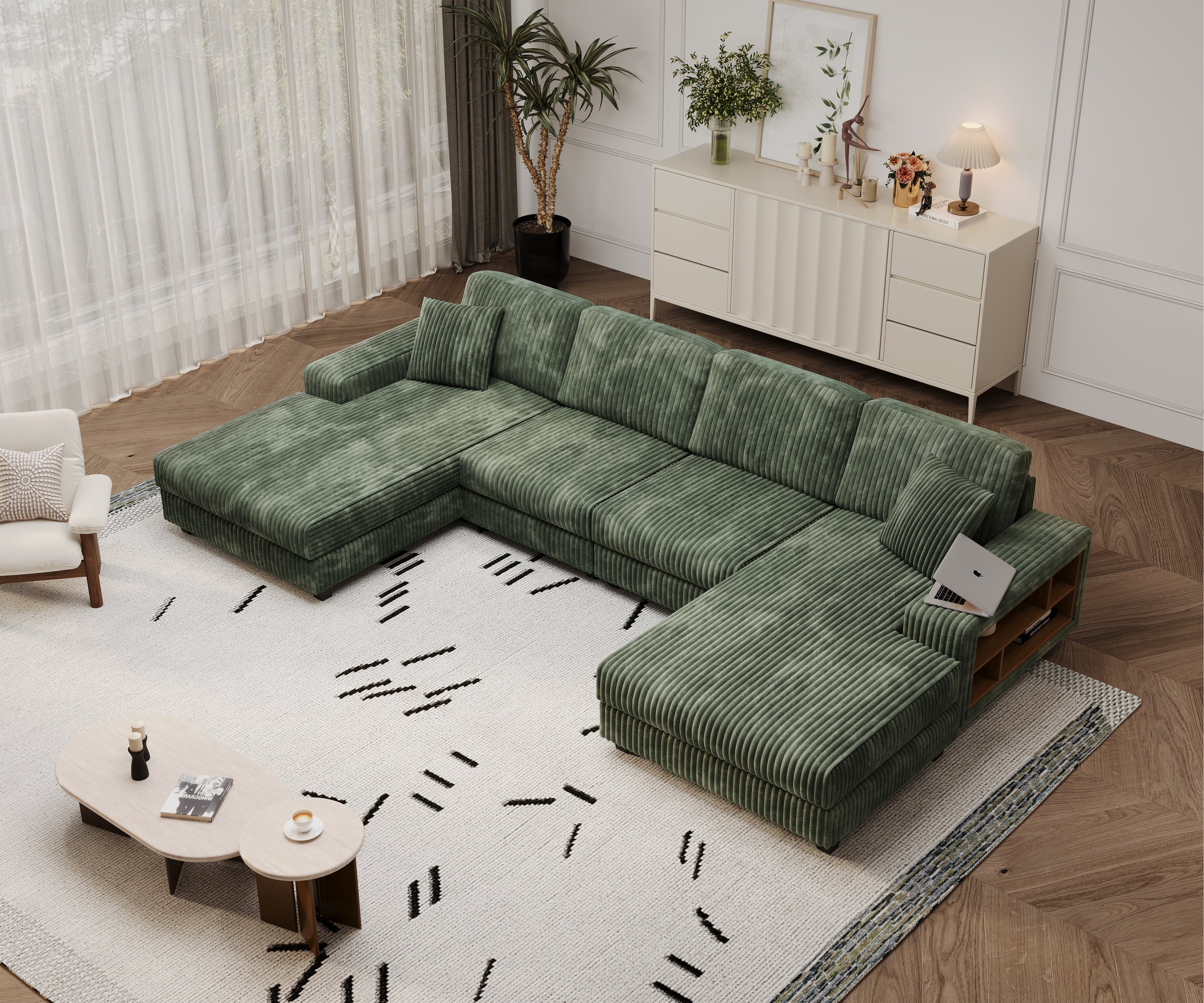 Convertible U-shaped Combination Sofa, Corduroy Fabric, Modern Comfortable Large Size 4 Seat Sofa, Living Room Double Lounge Chair ,Green