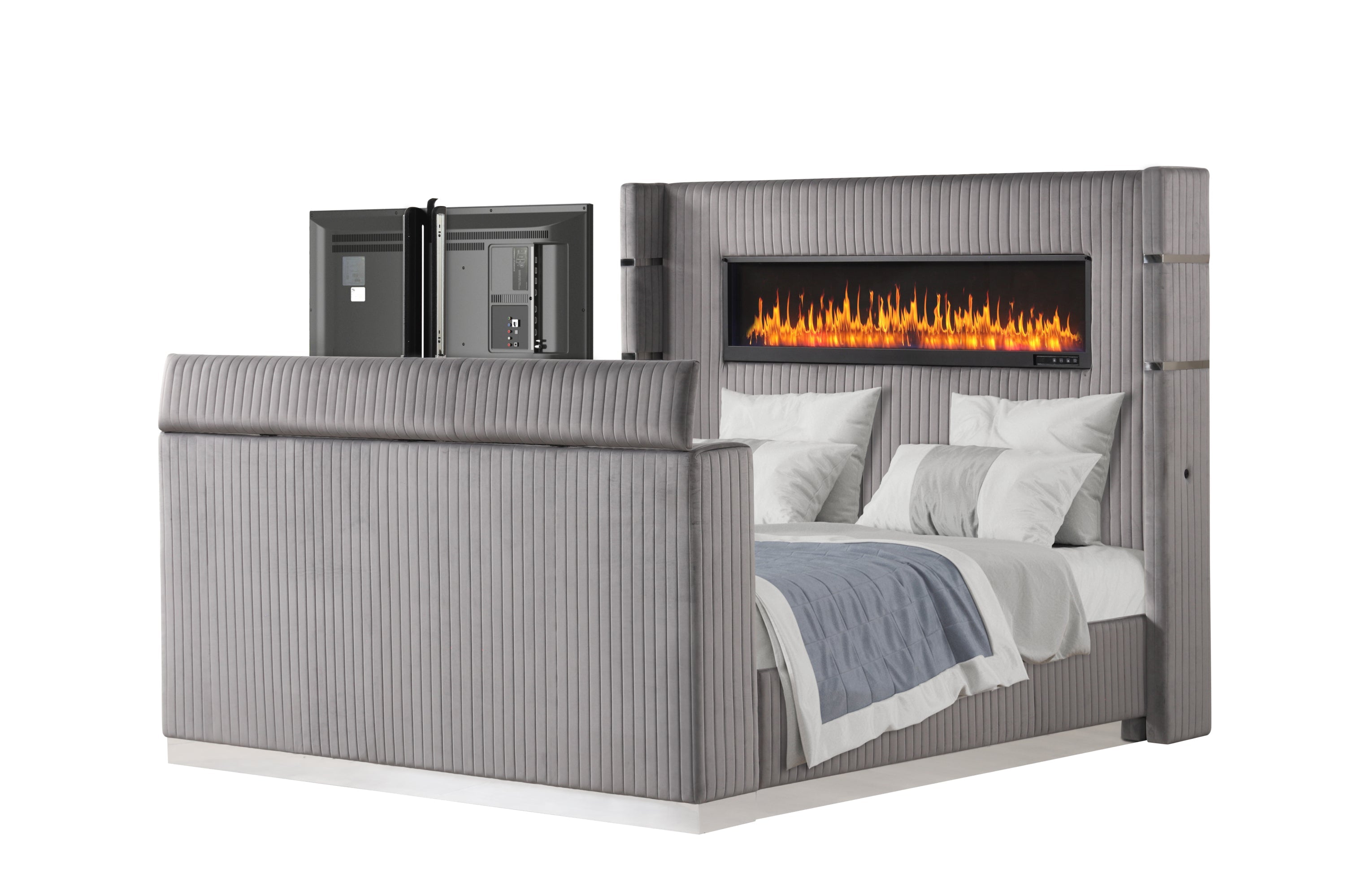Lavish Modern Style 5 Pc King Bedroom Set Made with Fireplace in Headboard & TV stand in Footboard with Wood in Grey(NJ INVENTORY)