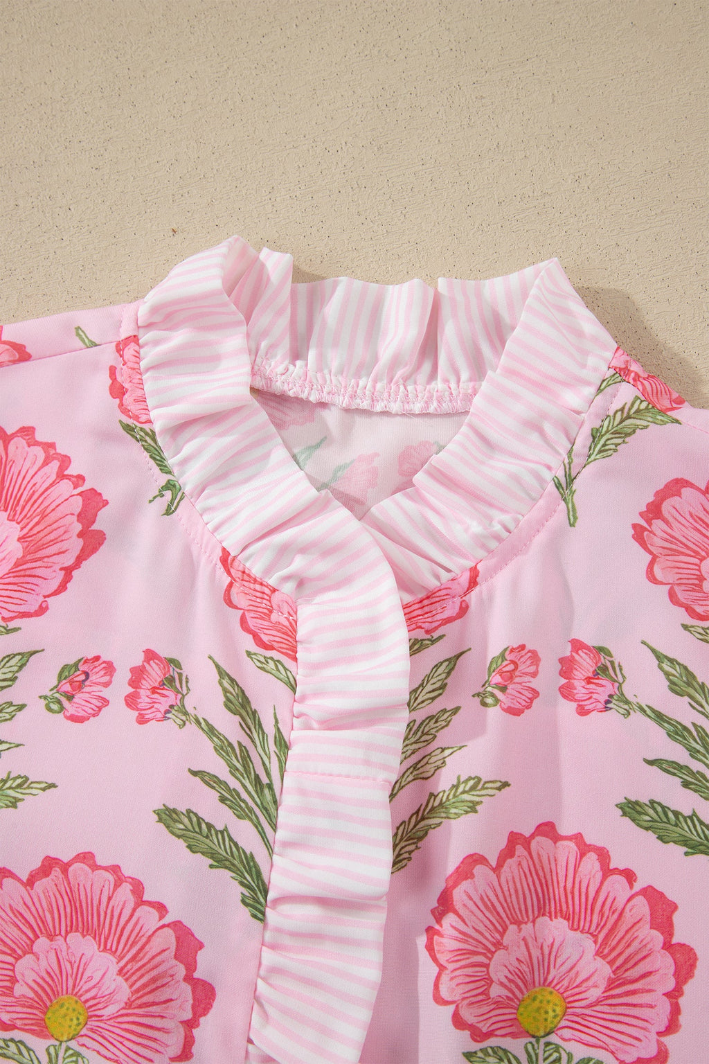 Floral Ruffle Stripe Trim Puff Sleeve Shirt