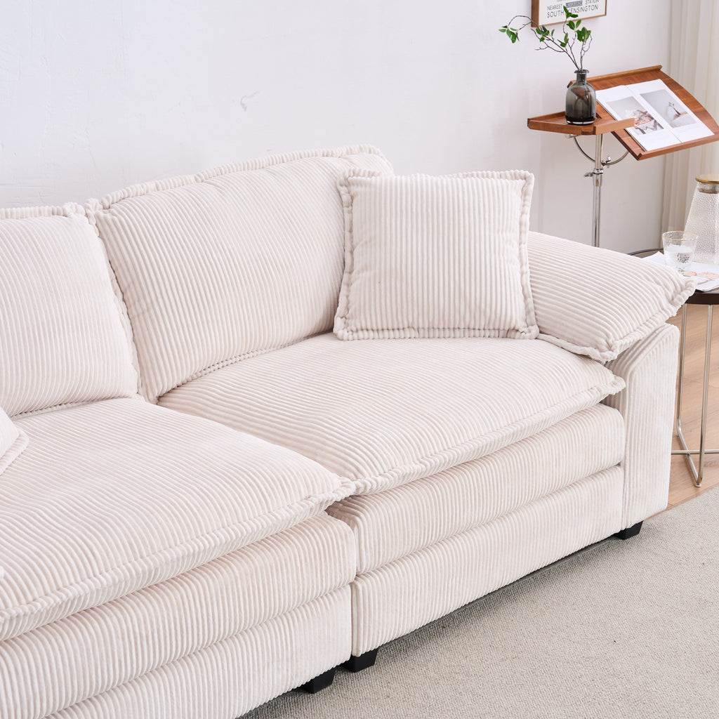 Corduroy 2-seats sofa With 2 back pillows,2 toss pillows and two ottoman,Comfy Sofa- Deep Seat Couch for Living Room,White