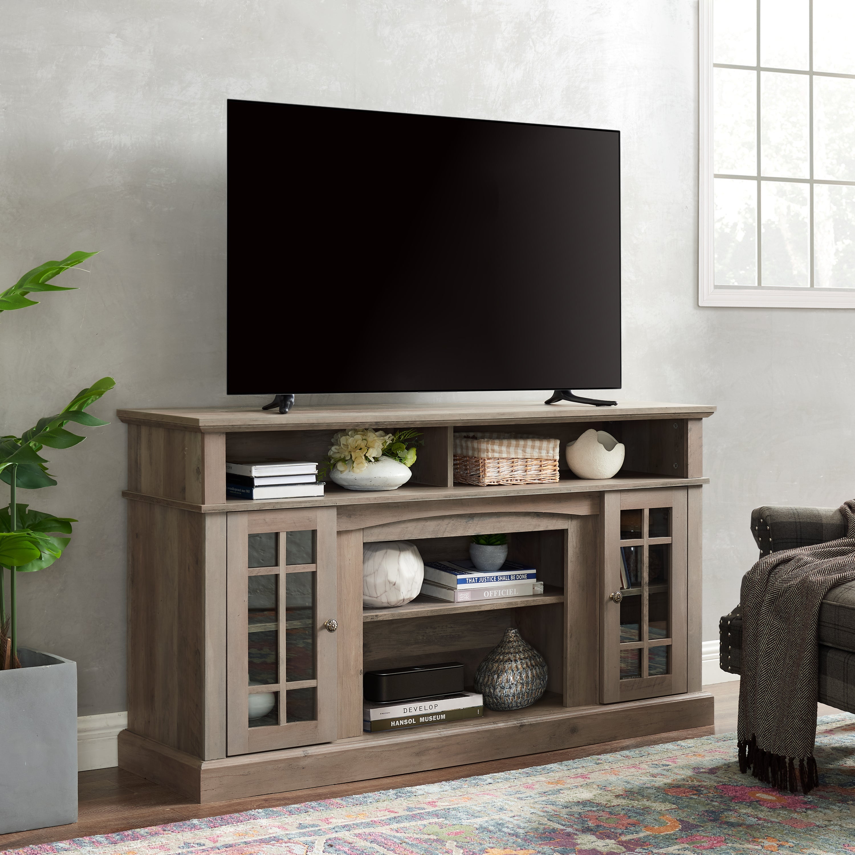 Classic TV Media Stand Modern Entertainment Console for TV Up to 65' with Open and Closed Storage Space, Gray Wash, 58.25'W*15.75'D*32'H