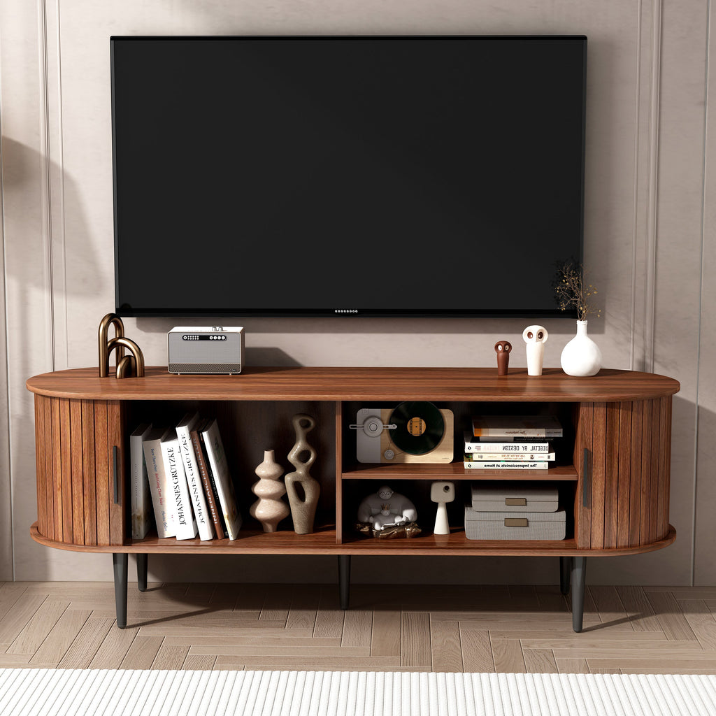 TV Stand, 55' Modern TV Console Table with Storage Compartment and Sliding Door, Gaming Entertainment Center with Cabinet for Living Room, Bedroom, Office (Walnut) BACK-TO-SCHOOL