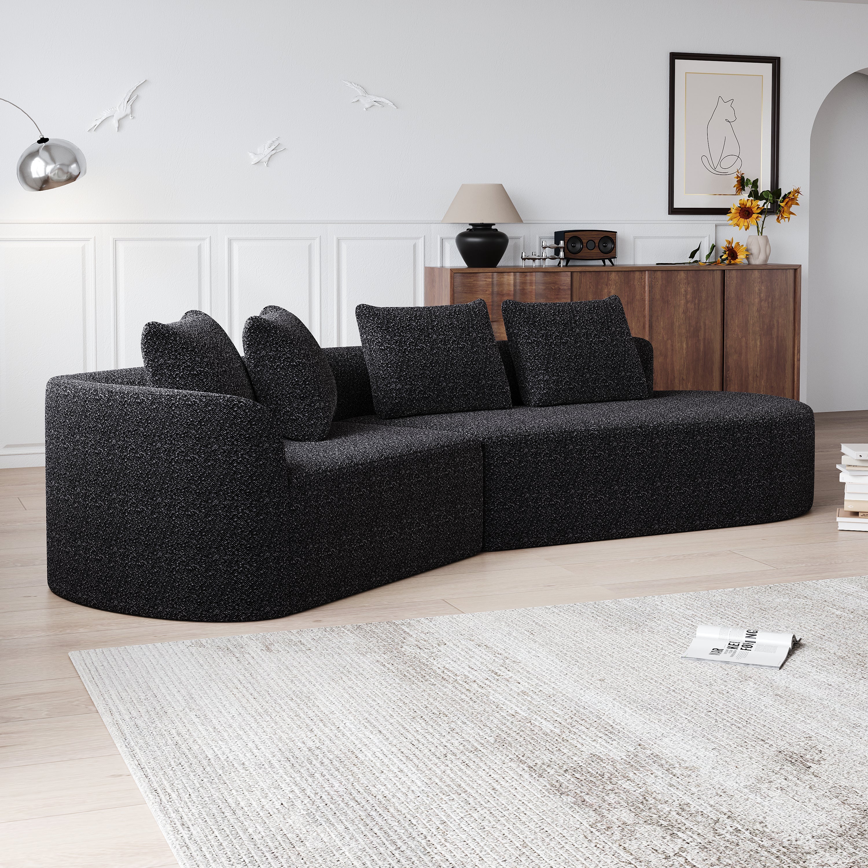 Modern Upholstered Oversized Sectional Sofa, 112-Inch Chenille 4-Seater Extra Deep & Wide Seat Curved Cloud Couch with 4 Throw Pillows, Free Combination Sofa Couch for Living Room,Bedroom