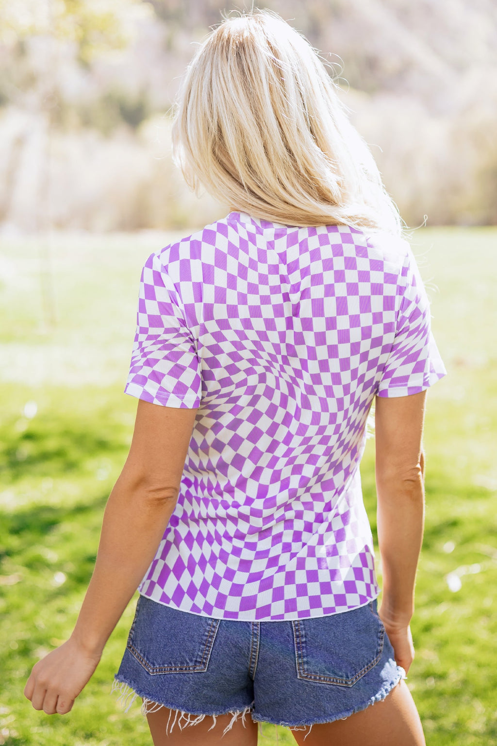 Checker Mesh Mock Neck Short Sleeve T-Shirt